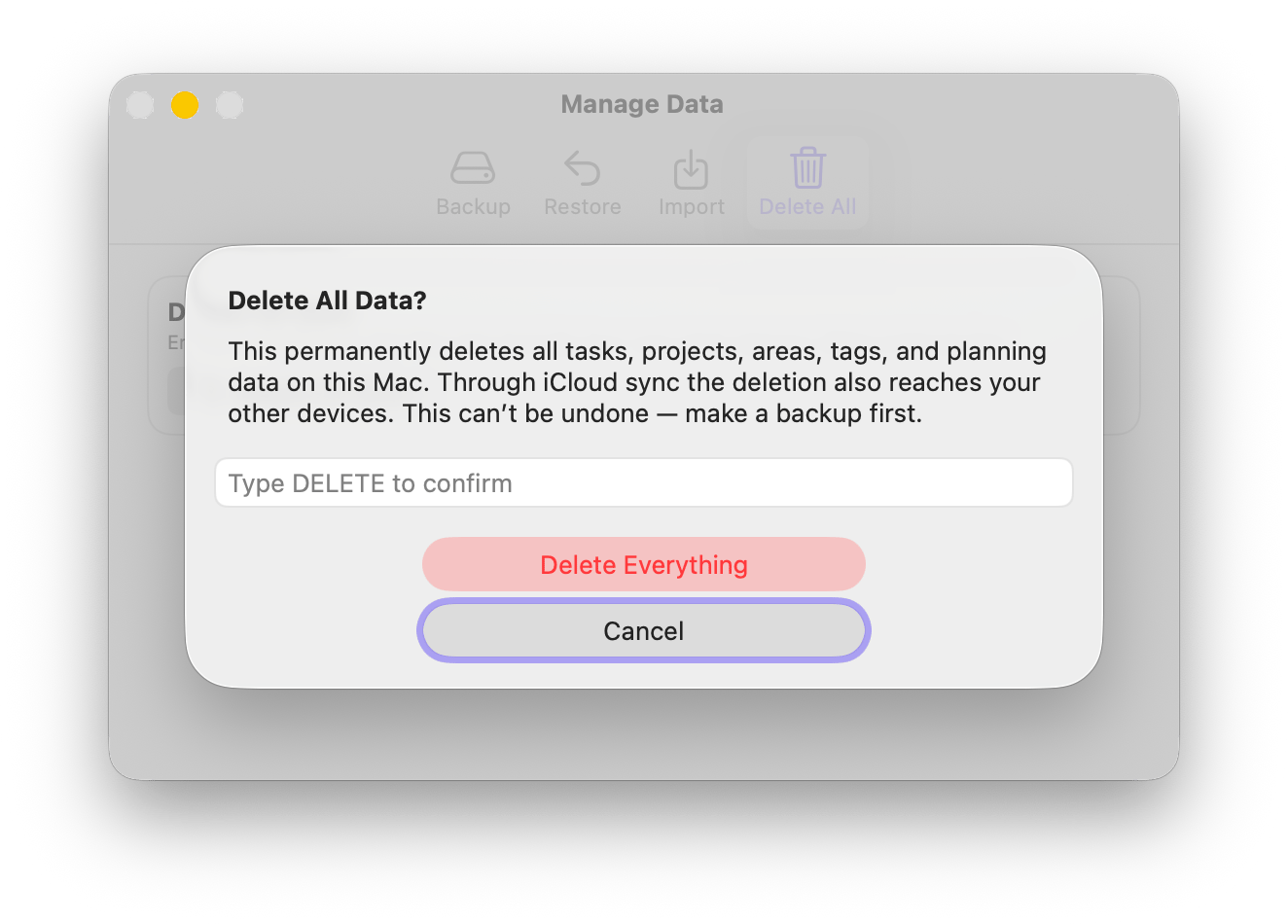 The Delete All tab with a confirmation dialog asking you to type DELETE