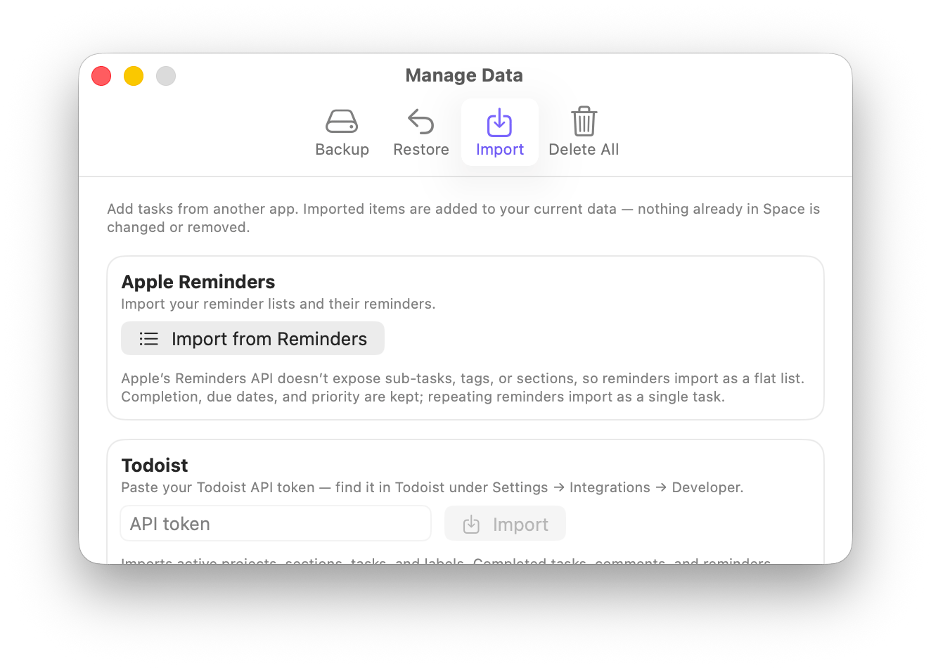 The Import tab with sections for Apple Reminders, Todoist, and Things