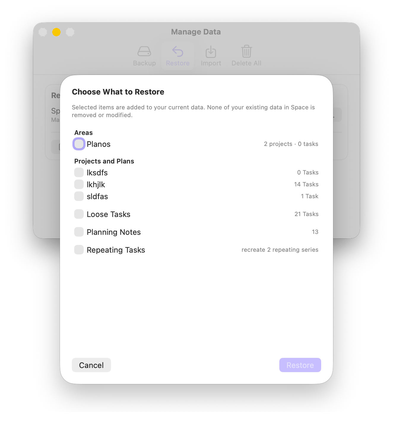 The Choose What to Restore sheet with checkboxes for areas, projects, loose tasks, planning notes, and repeating tasks
