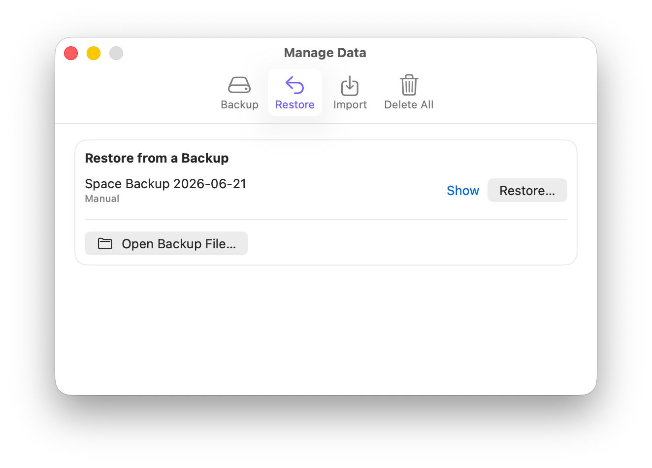 The Restore tab listing available backups with Restore and Show buttons