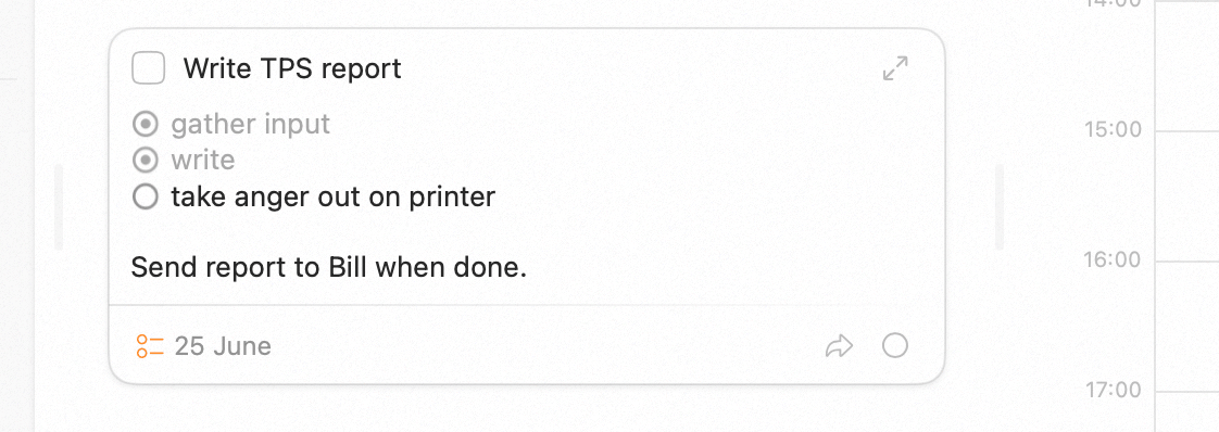 A task's notes field containing a checklist with some items checked off