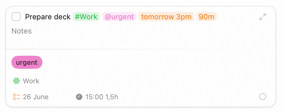 Typing a task with project, tag, date, time, and duration highlighted as coloured pills