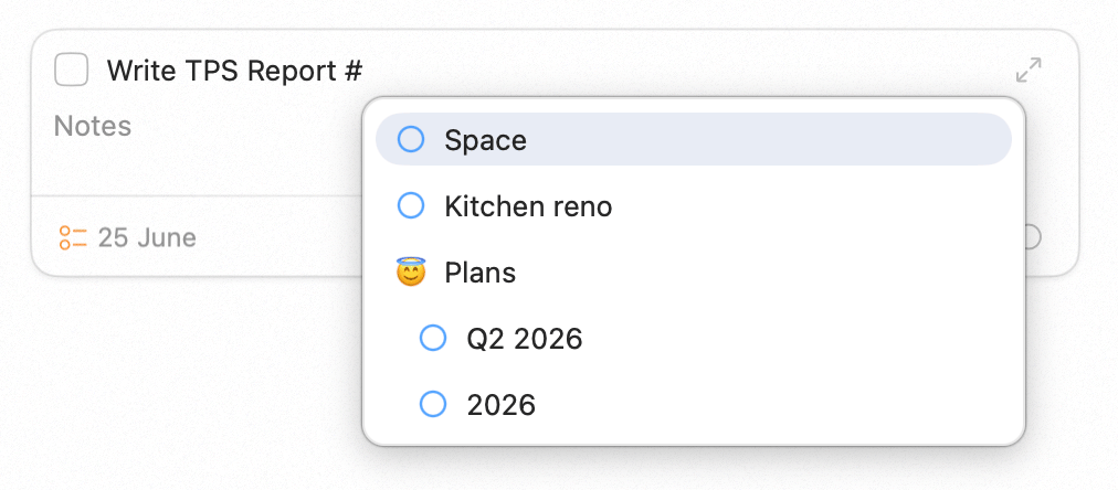 The project and area suggestion list shown after typing a hash