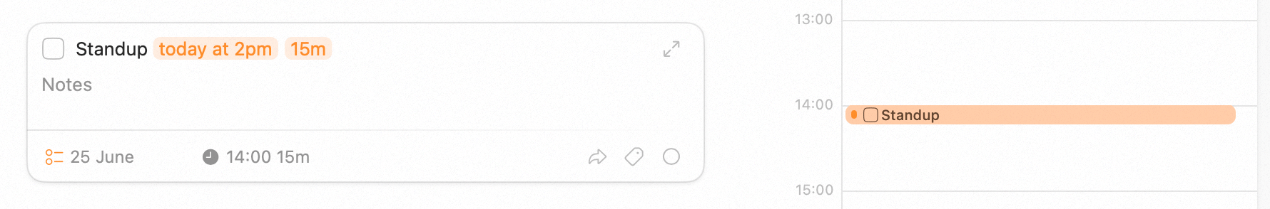 A typed time turning a task into a calendar time block