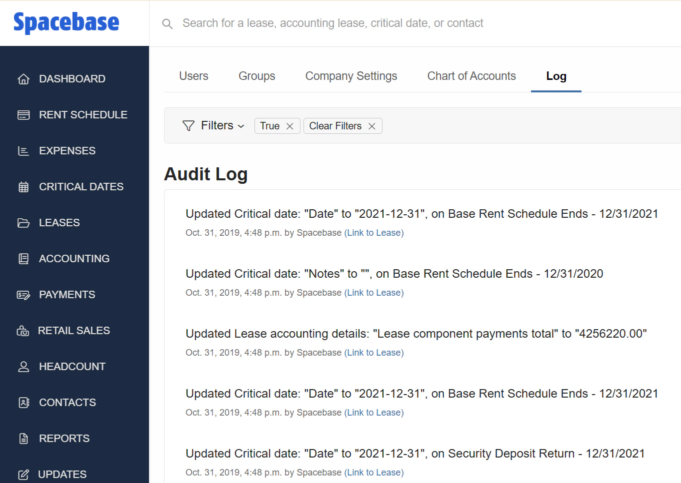 Spacebase user activity log with timestamped entries of platform changes