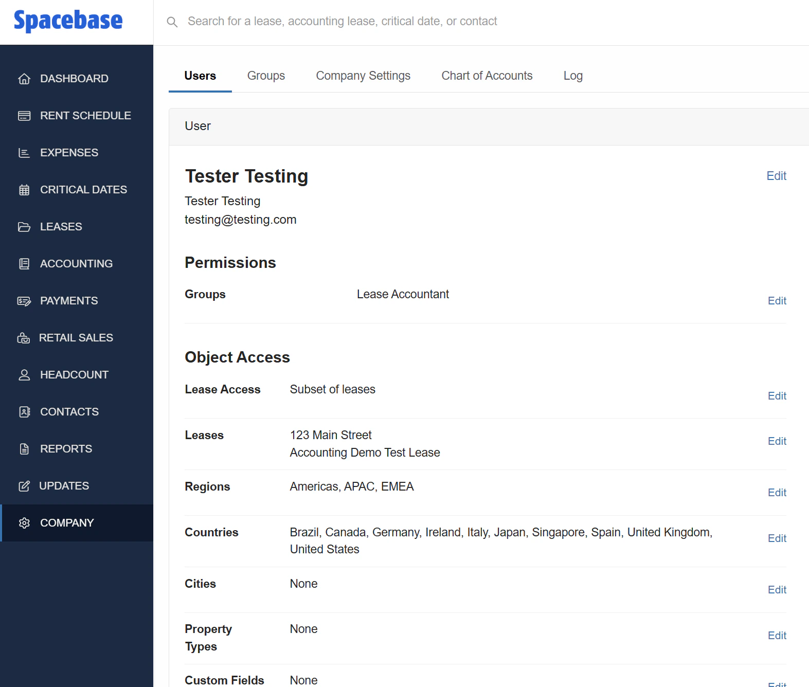 Spacebase user permissions configuration screen showing group-level and user-level access controls