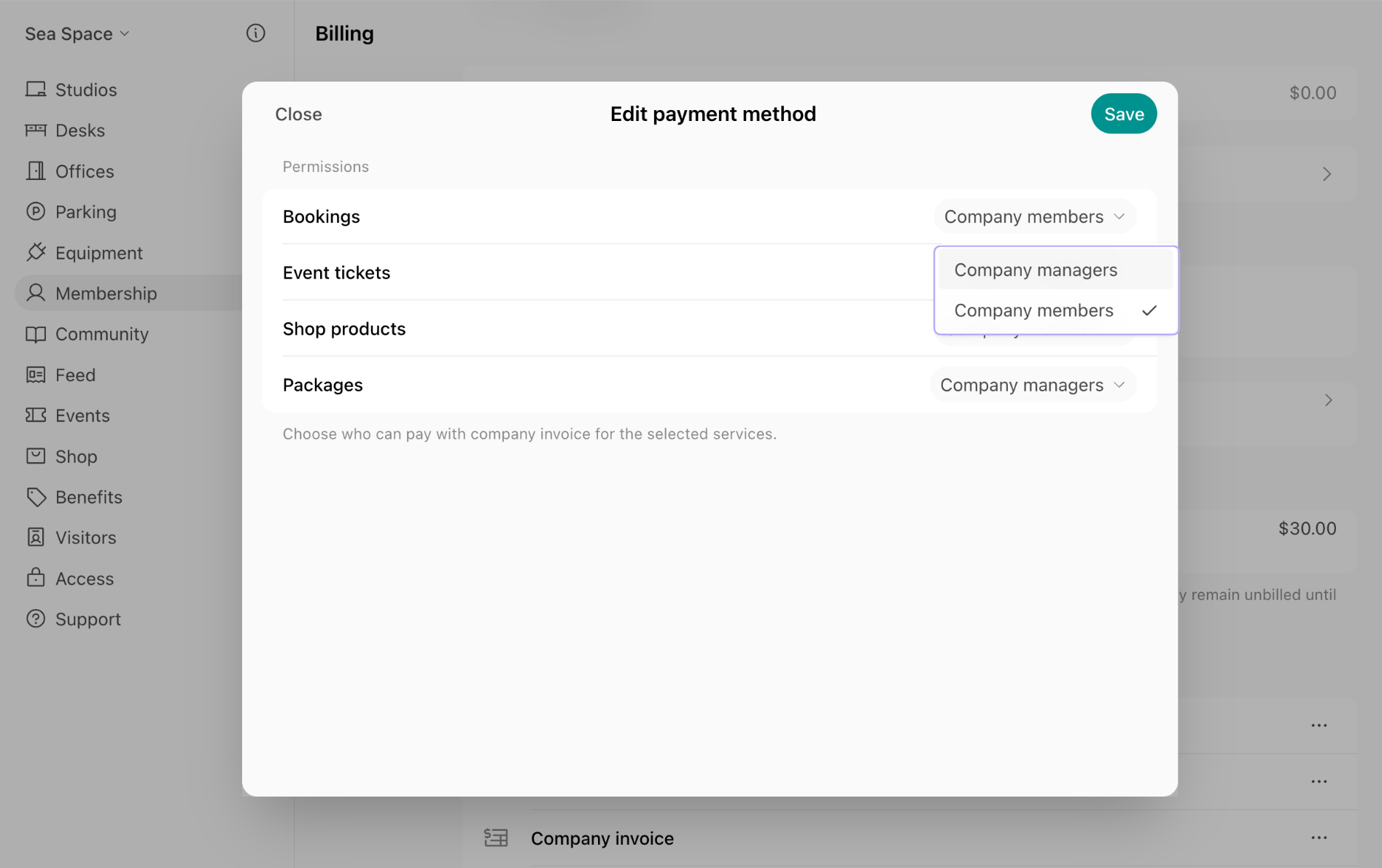 Customer Management Company Payment Method Permissions Edit Permission Manager