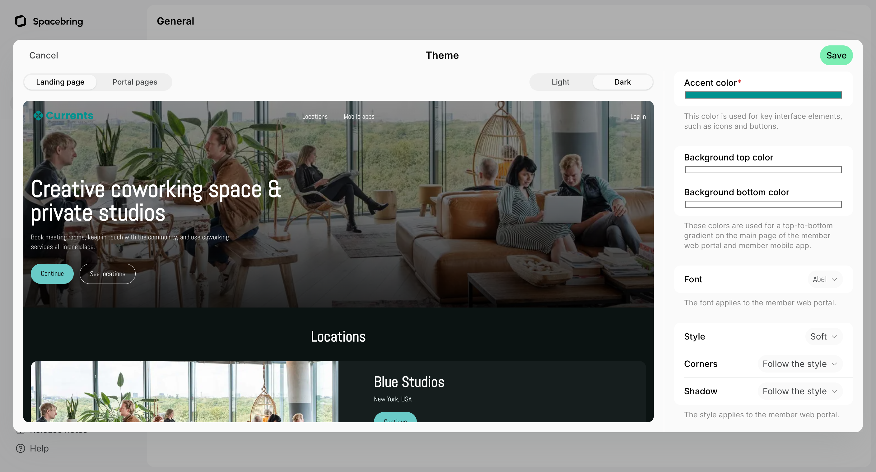 Theme editor with the landing page preview in dark mode