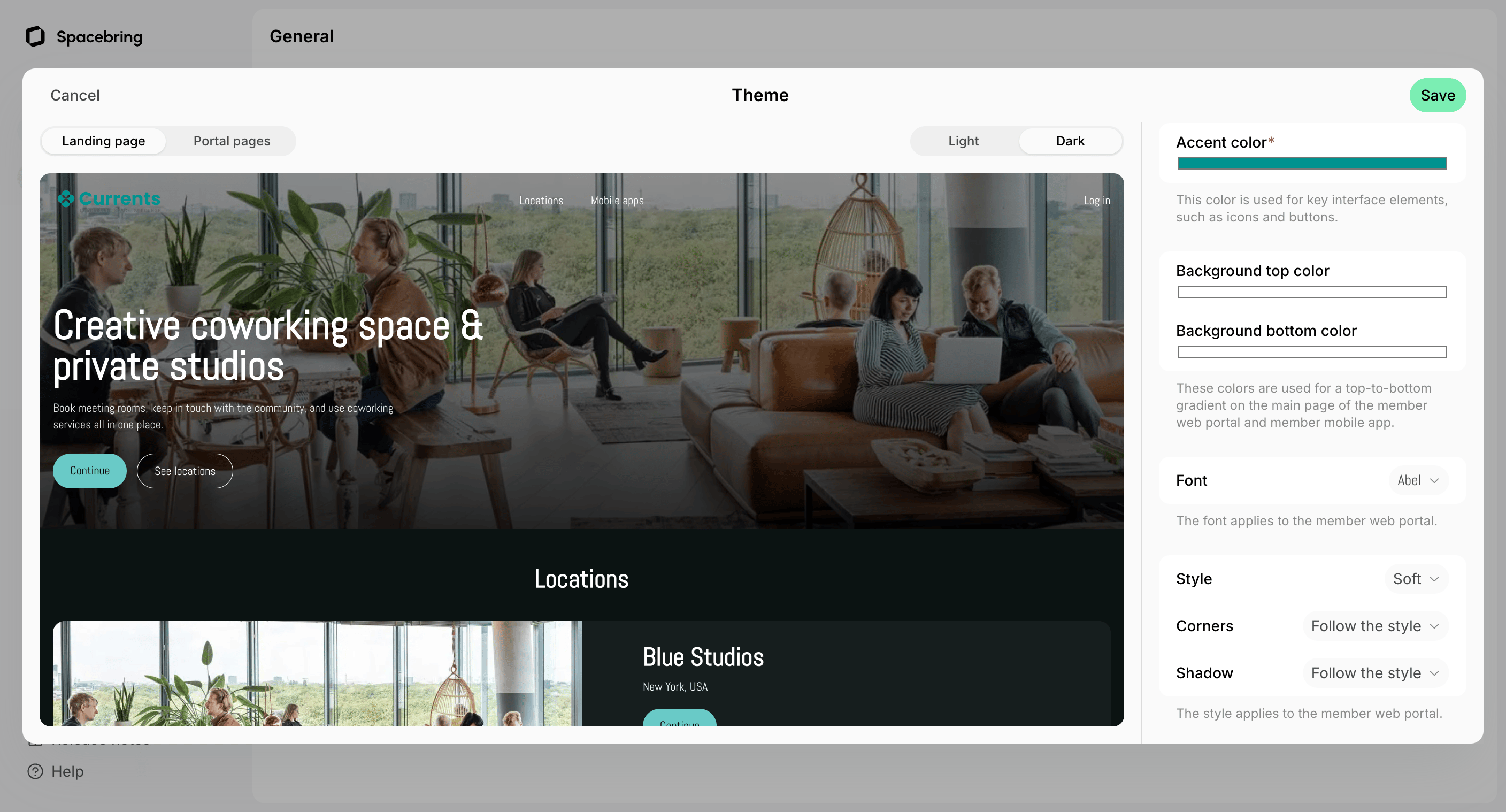 Theme editor with the landing page preview in dark mode