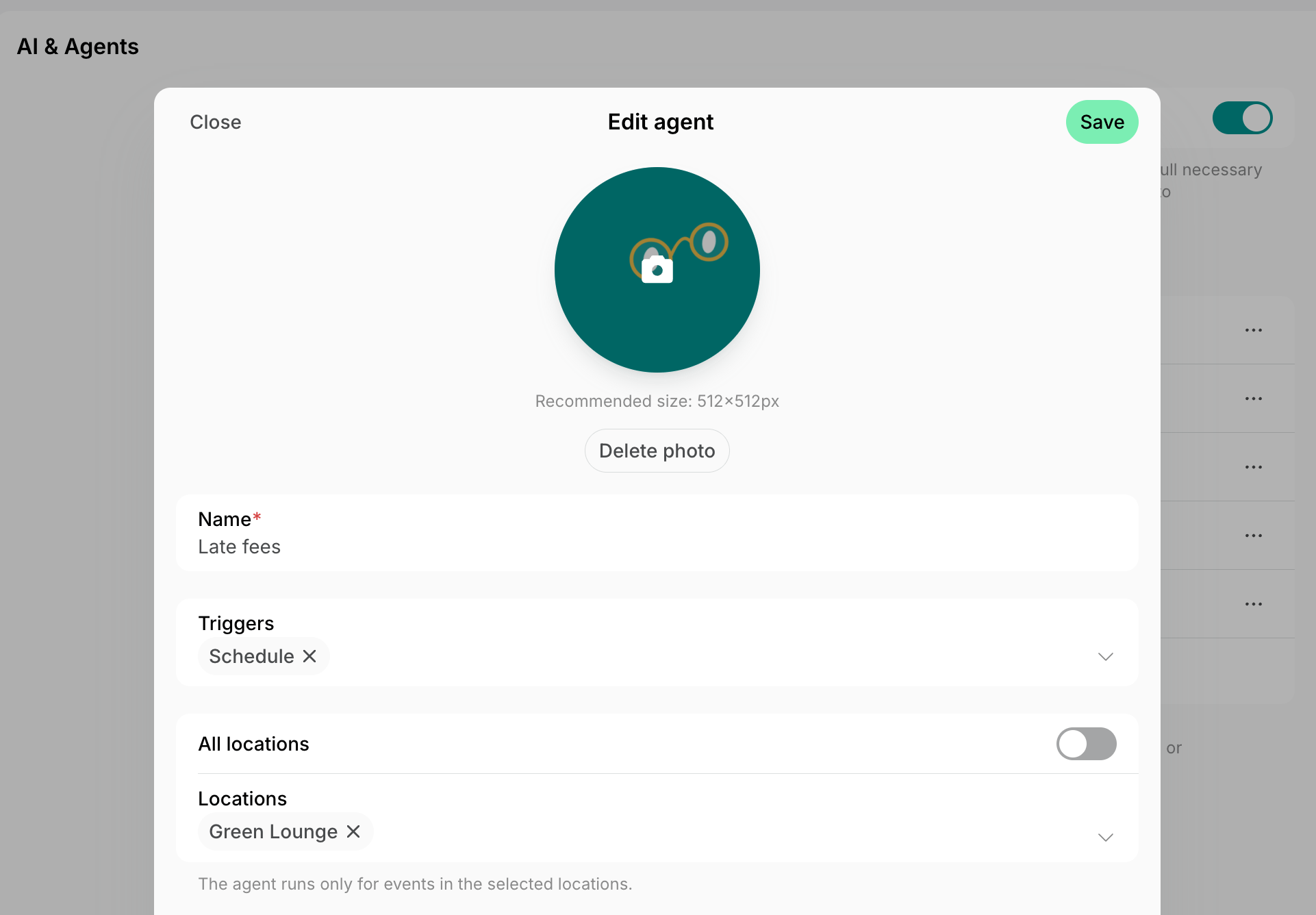 Agent form for late fees with the Schedule trigger and one location selected on Spacebring's coworking space management platform