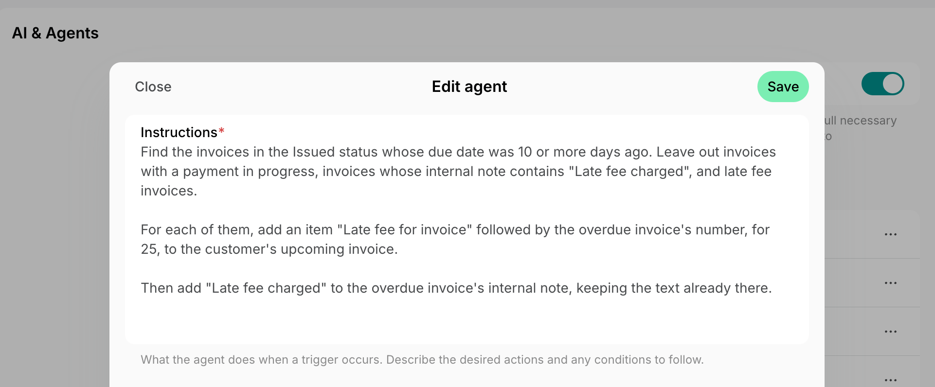 Agent instructions for charging a late fee on overdue invoices on Spacebring's coworking space management platform