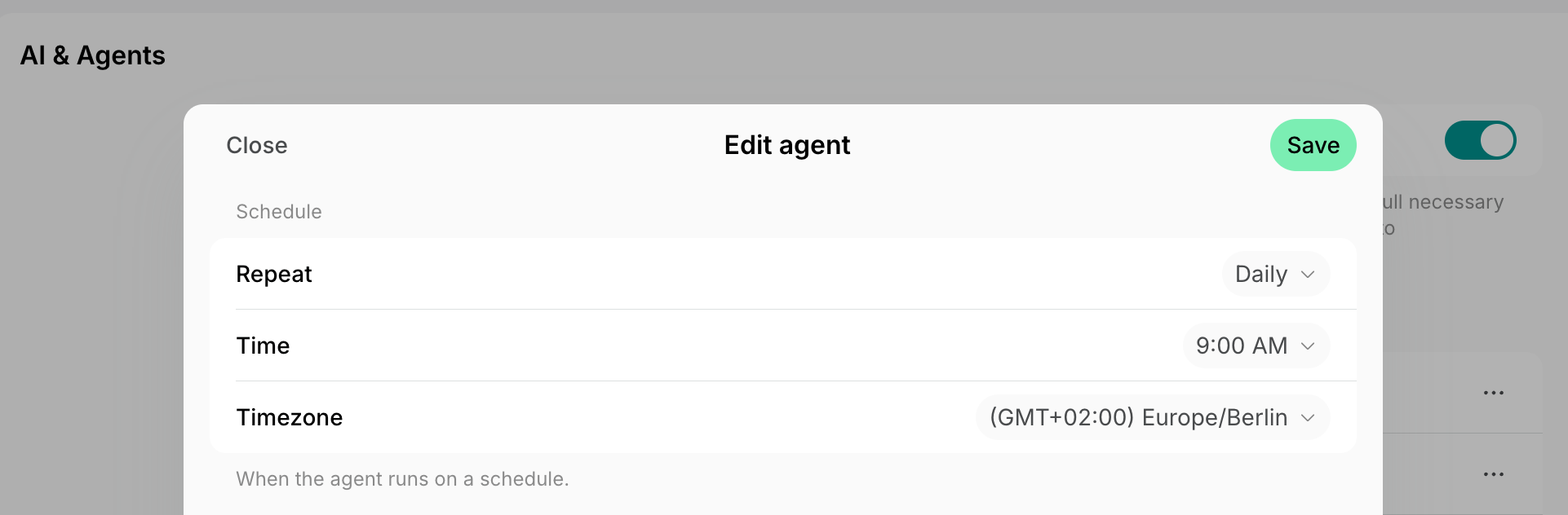 Agent schedule set to run daily at 9:00 AM on Spacebring's coworking space management platform