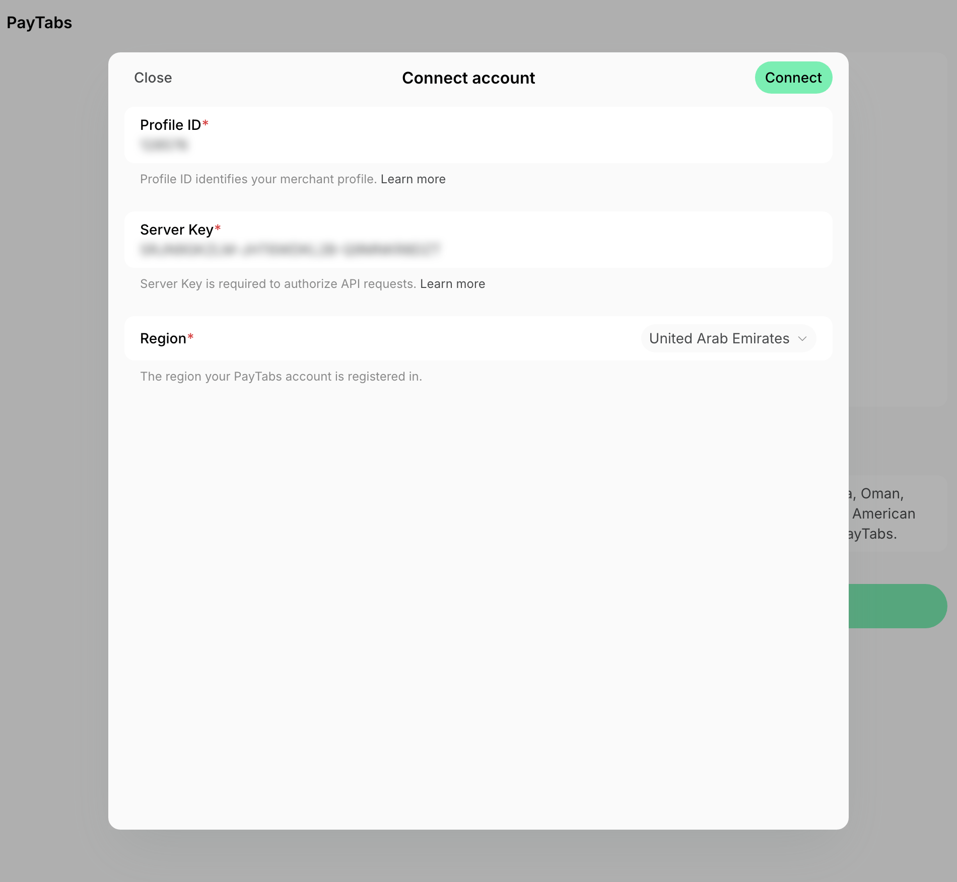 PayTabs Connect account modal with the profile ID, server key, and region on Spacebring's coworking space management platform