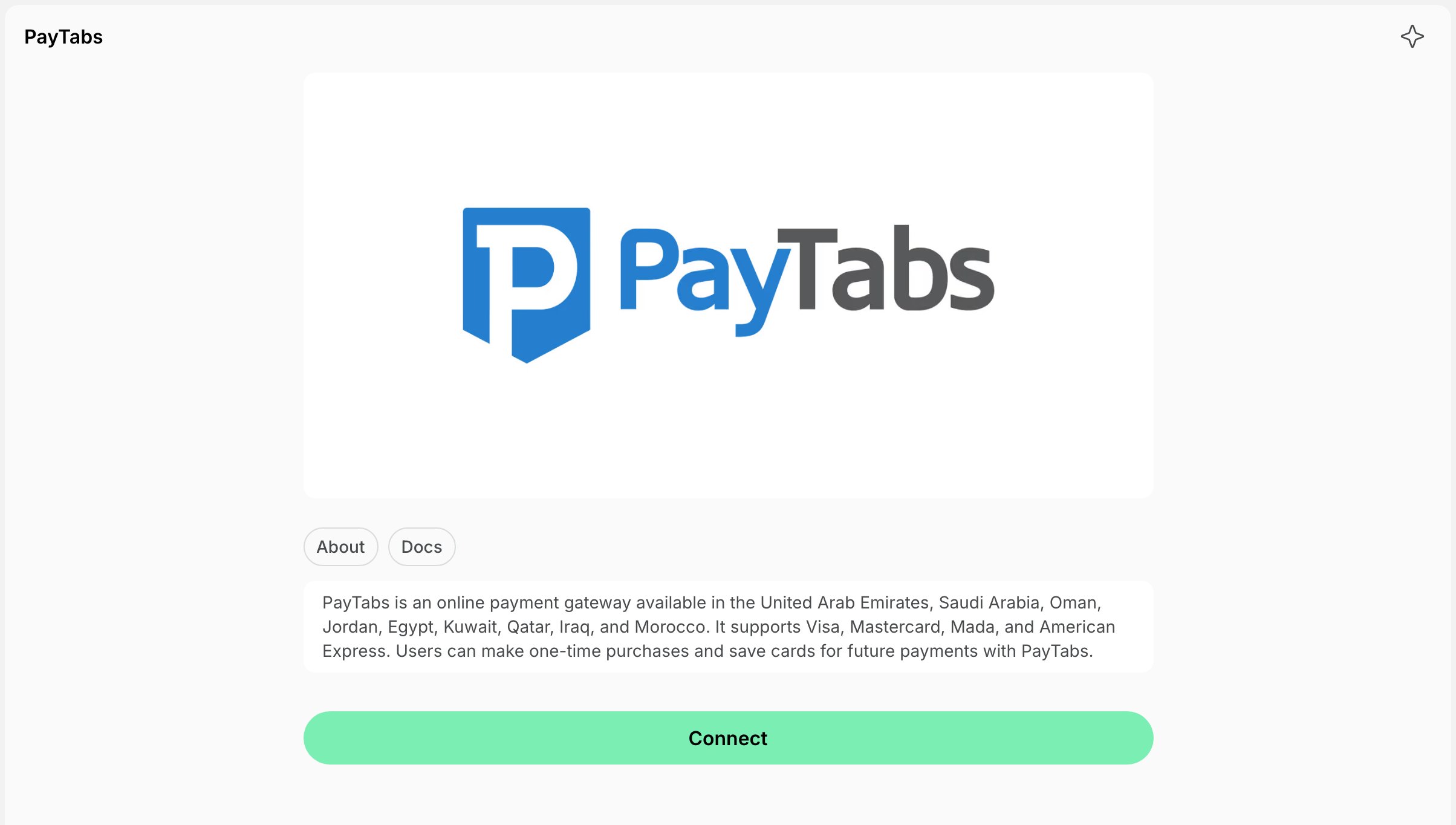 PayTabs integration page with the Connect button on Spacebring's coworking space management platform