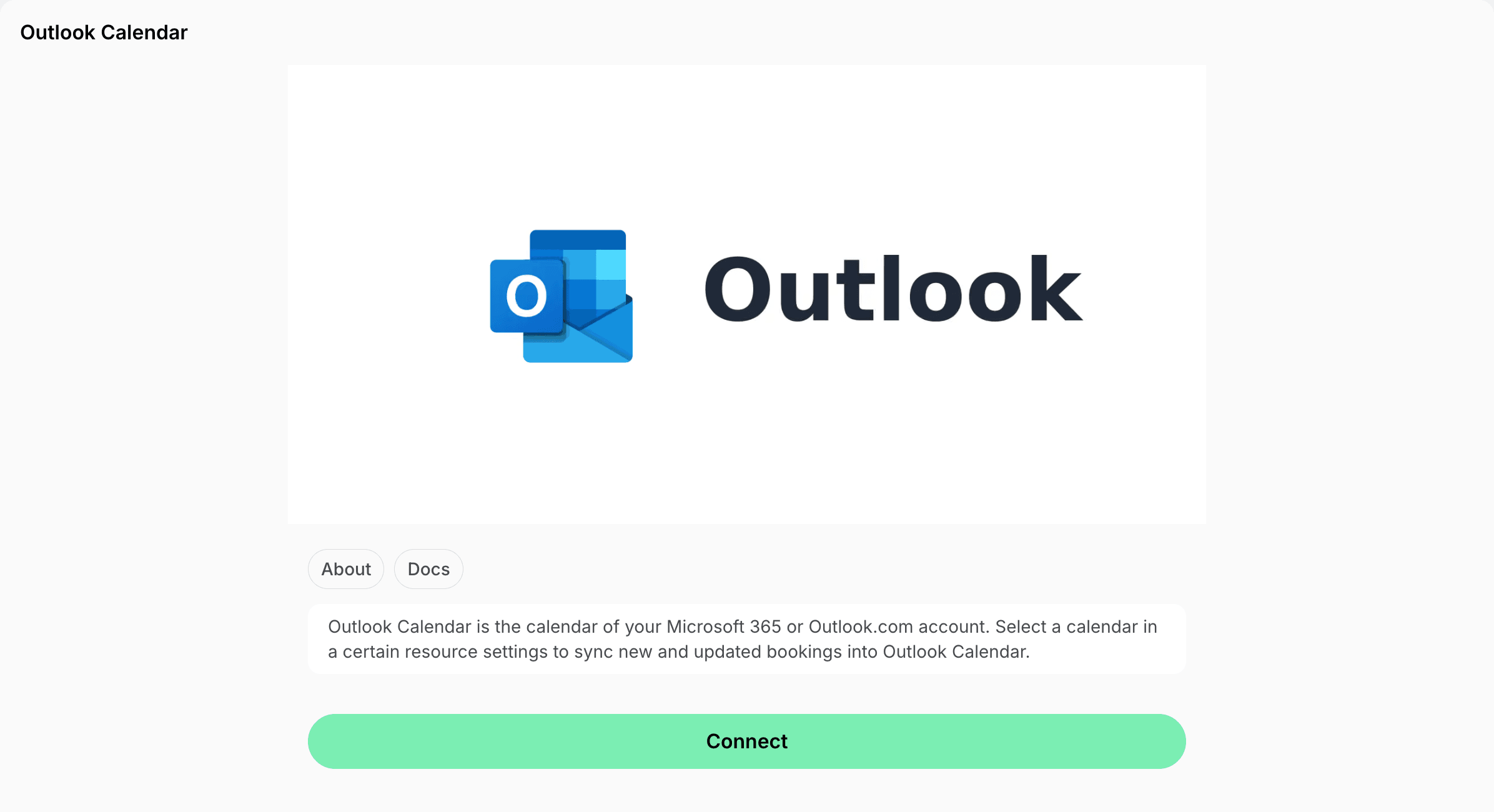 Outlook Calendar integration page with the Connect button on Spacebring's coworking space management
platform