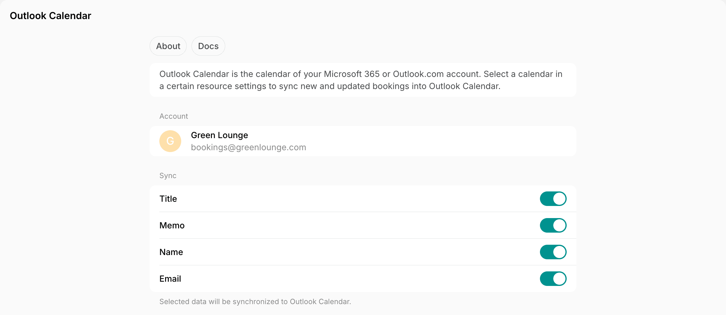Outlook Calendar integration page with the connected Microsoft account and the sync settings on Spacebring's coworking space management
platform