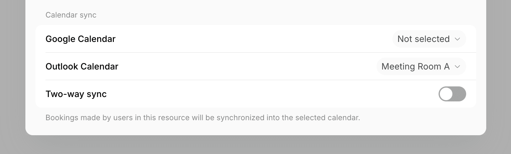 Calendar sync section of a room with an Outlook calendar selected and the Two-way sync switch disabled on Spacebring's coworking space
management platform
