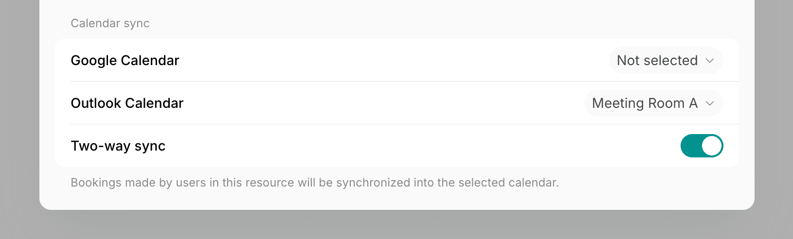 Calendar sync section of a room with an Outlook calendar selected and the Two-way sync switch enabled on Spacebring's coworking space
management platform