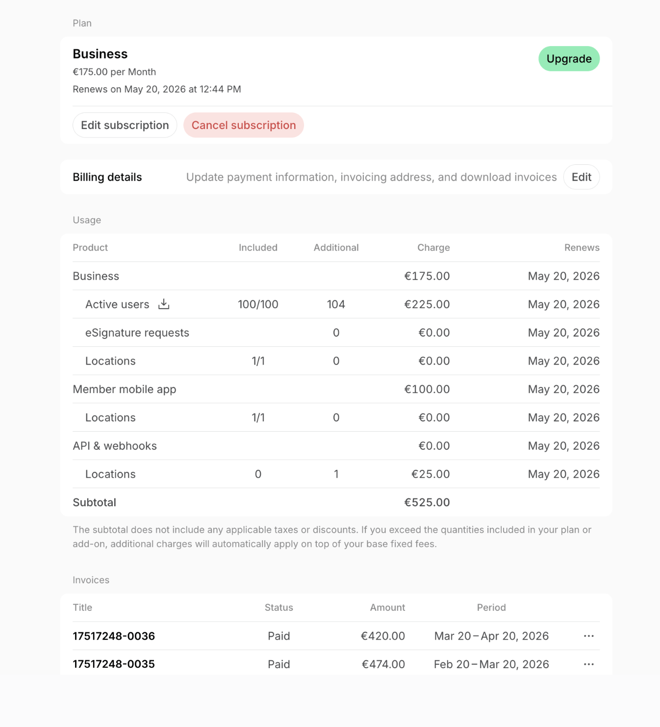 Administration Billing View Your Spacebring Subscription Details