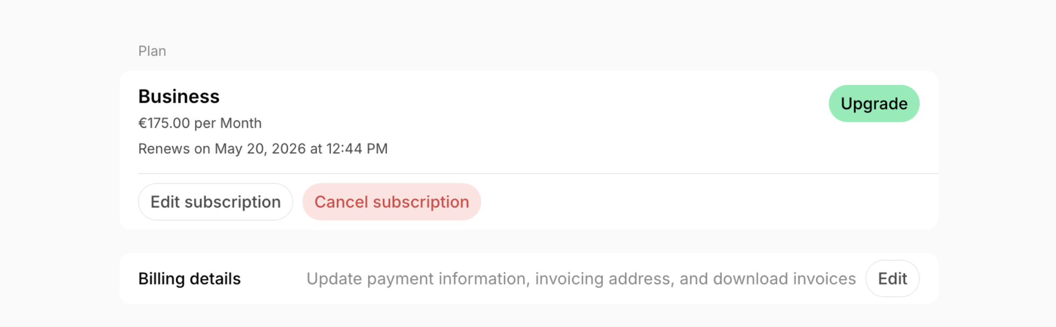 Administration Billing Make Changes To Spacebring Subscription Upgrade Subscription