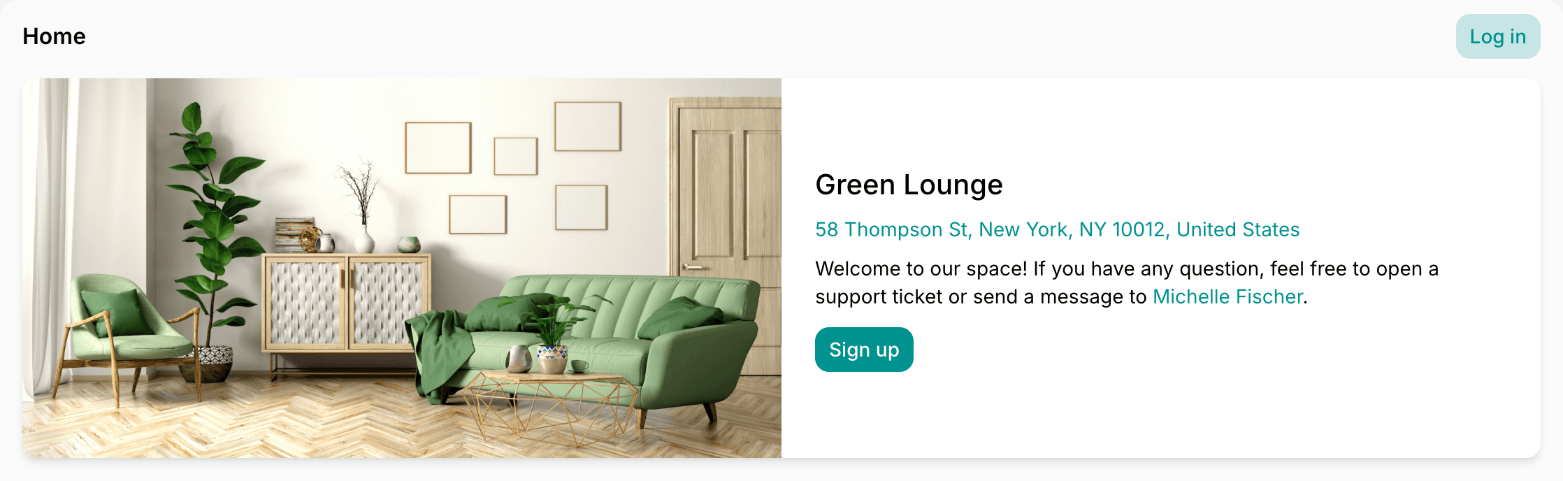 Location card with the Sign up button on a location's Home page on Spacebring's coworking space management platform