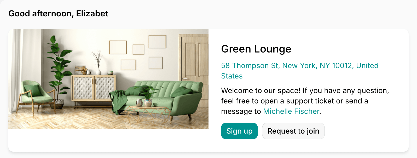 Location card with the Request to join button on a location's Home page on Spacebring's coworking space management platform
