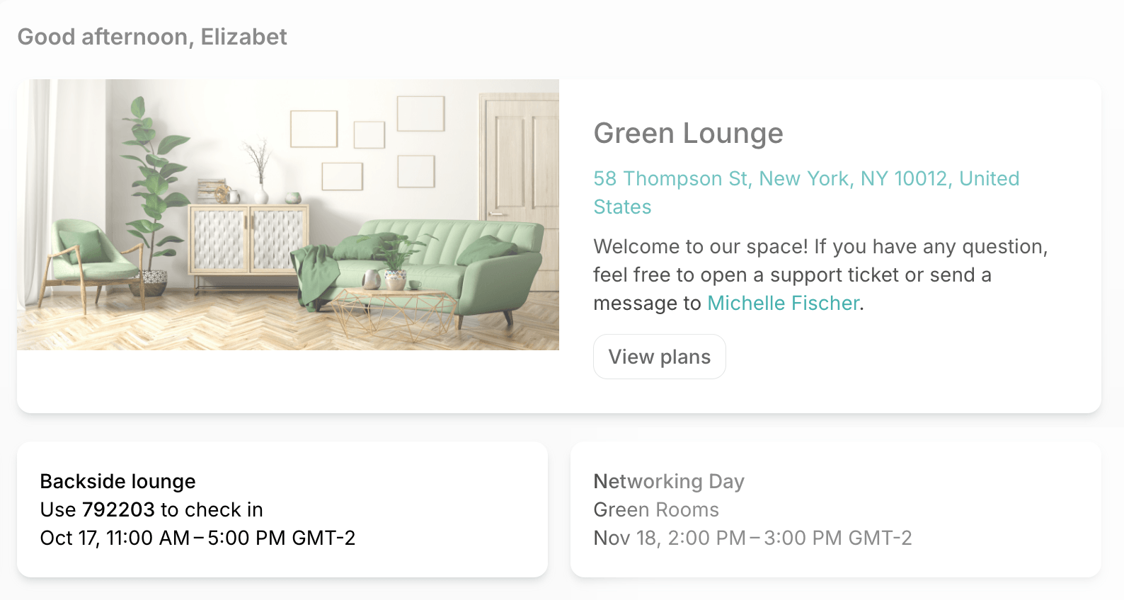 Check-in code on a booking widget on a location's Home page on Spacebring's coworking space management platform