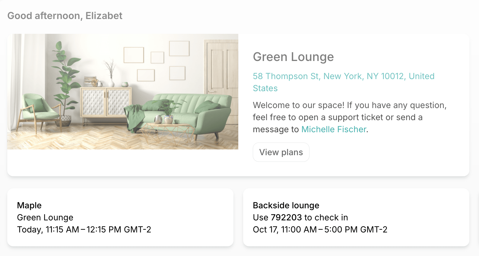 Upcoming booking widgets on a location's Home page on Spacebring's coworking space management platform
