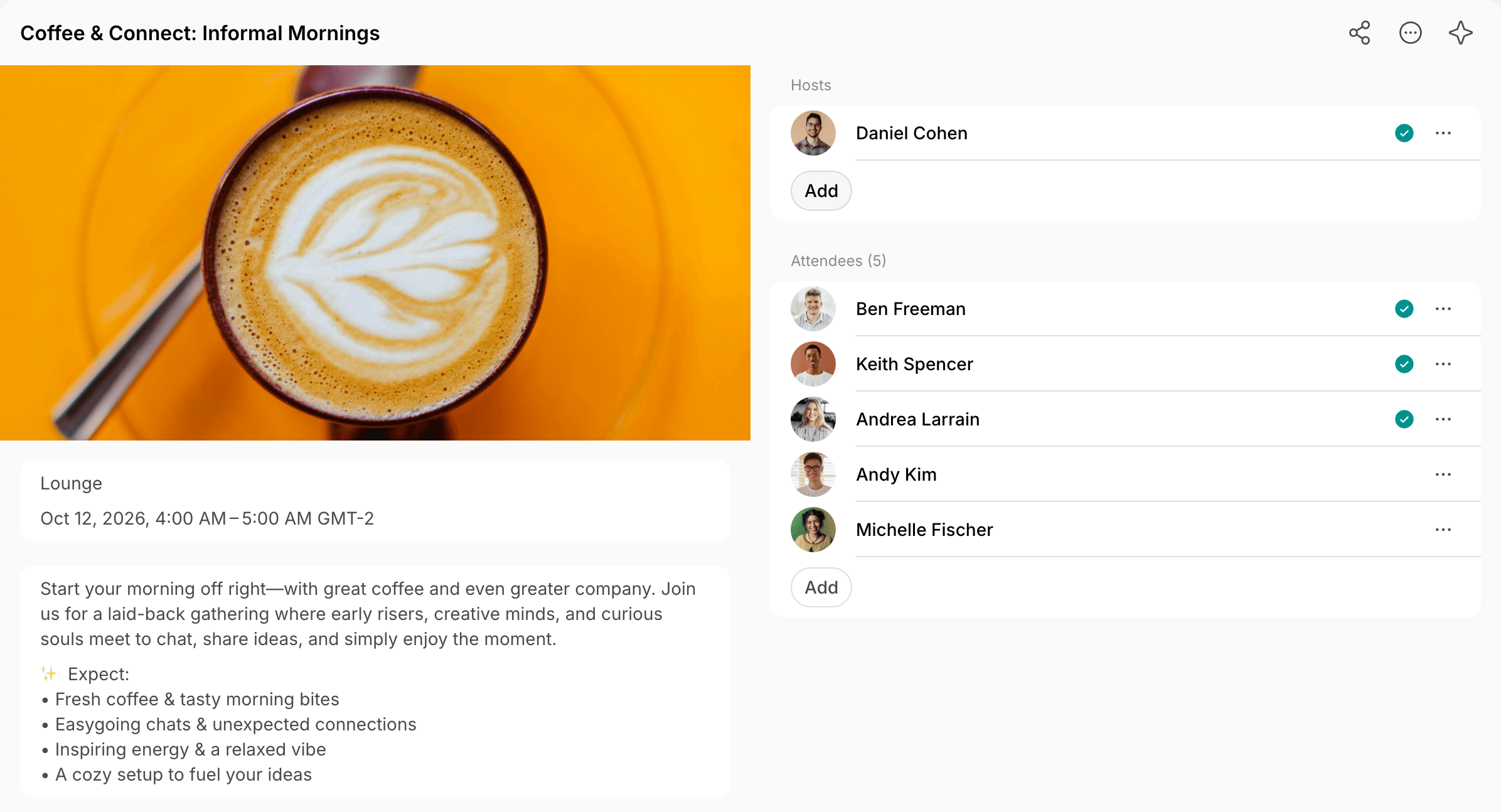 An event page with its hosts and attendees and the Add buttons on Spacebring's coworking space management platform