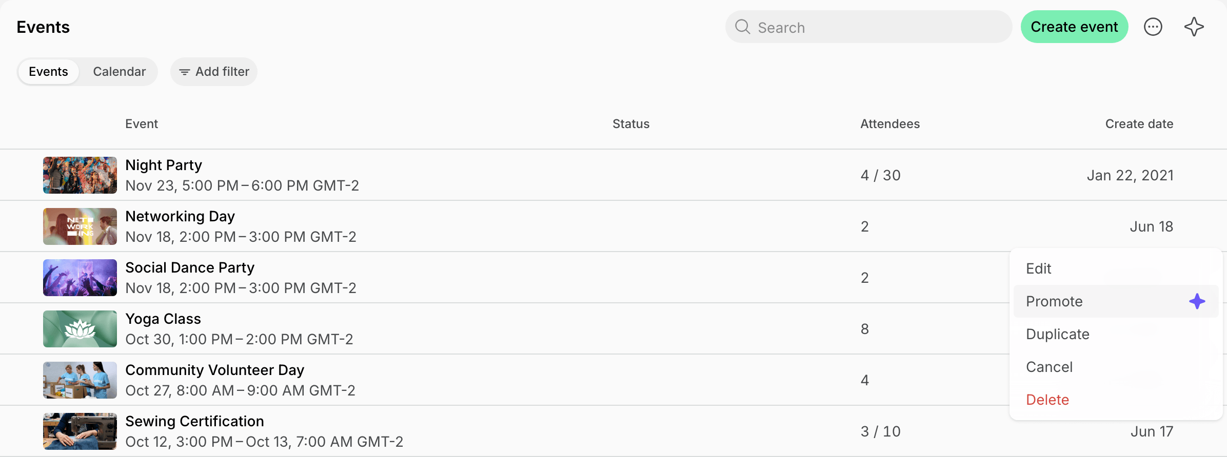 Promote in the event menu of the Events page on Spacebring's coworking space management platform