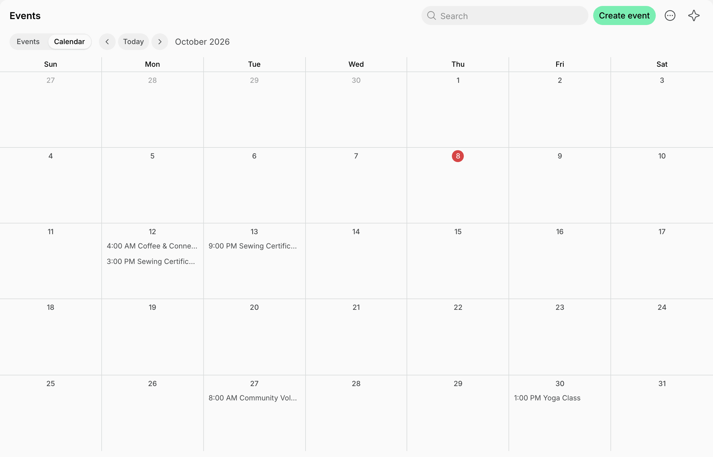 The Calendar view of the Events page on Spacebring's coworking space management platform