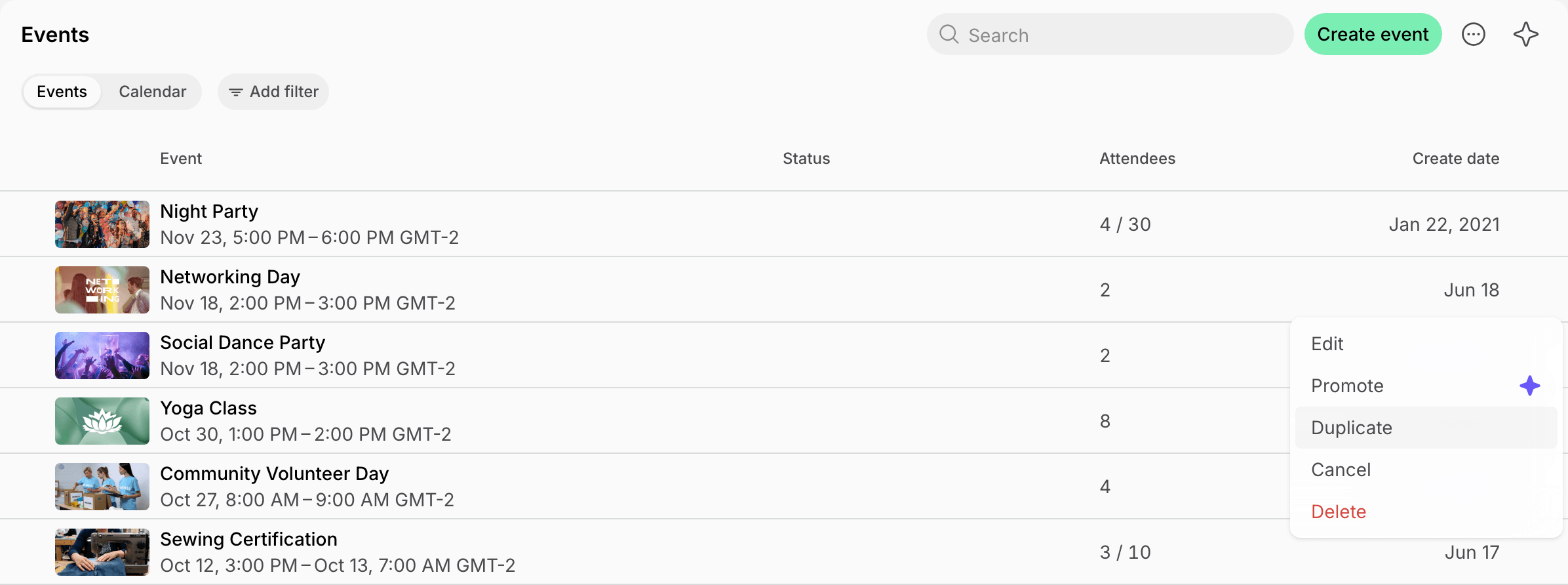 Duplicate in the event menu of the Events page on Spacebring's coworking space management platform