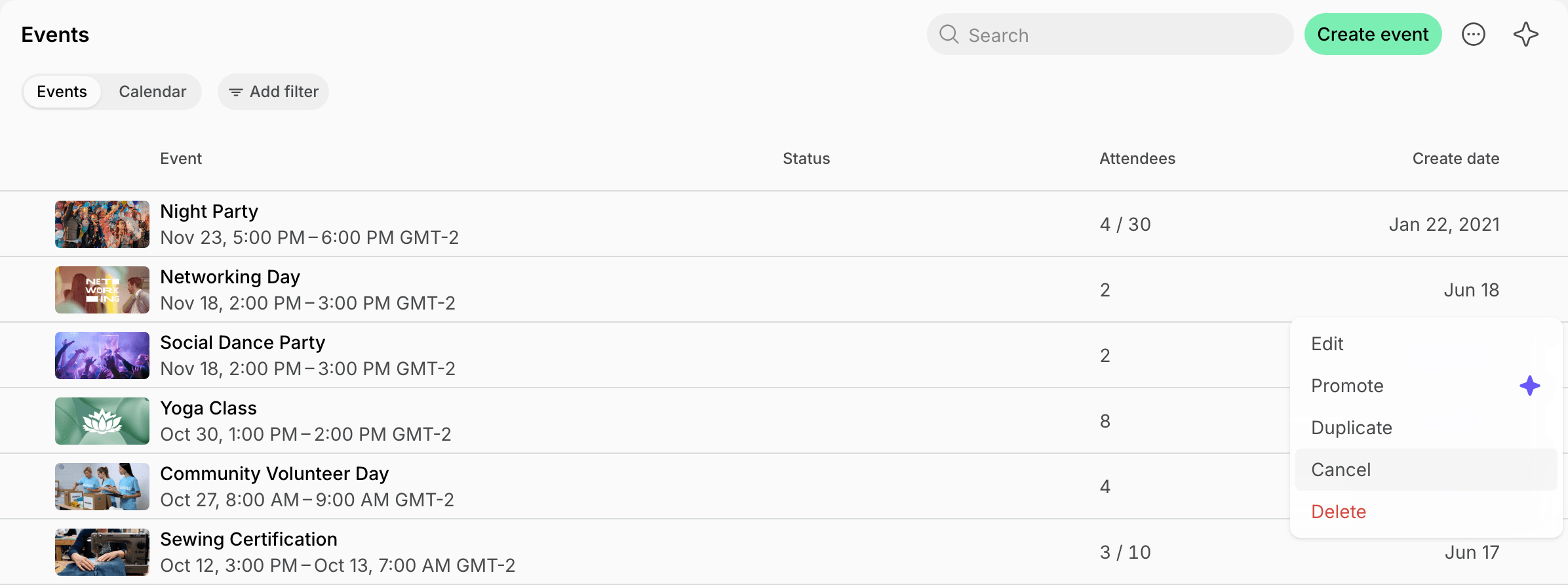 Cancel in the event menu of the Events page on Spacebring's coworking space management platform