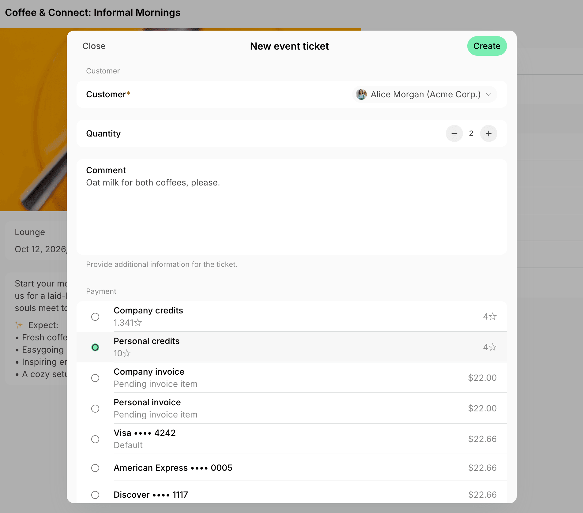 A new event ticket with the customer, quantity, comment, and payment methods on Spacebring's coworking space management platform