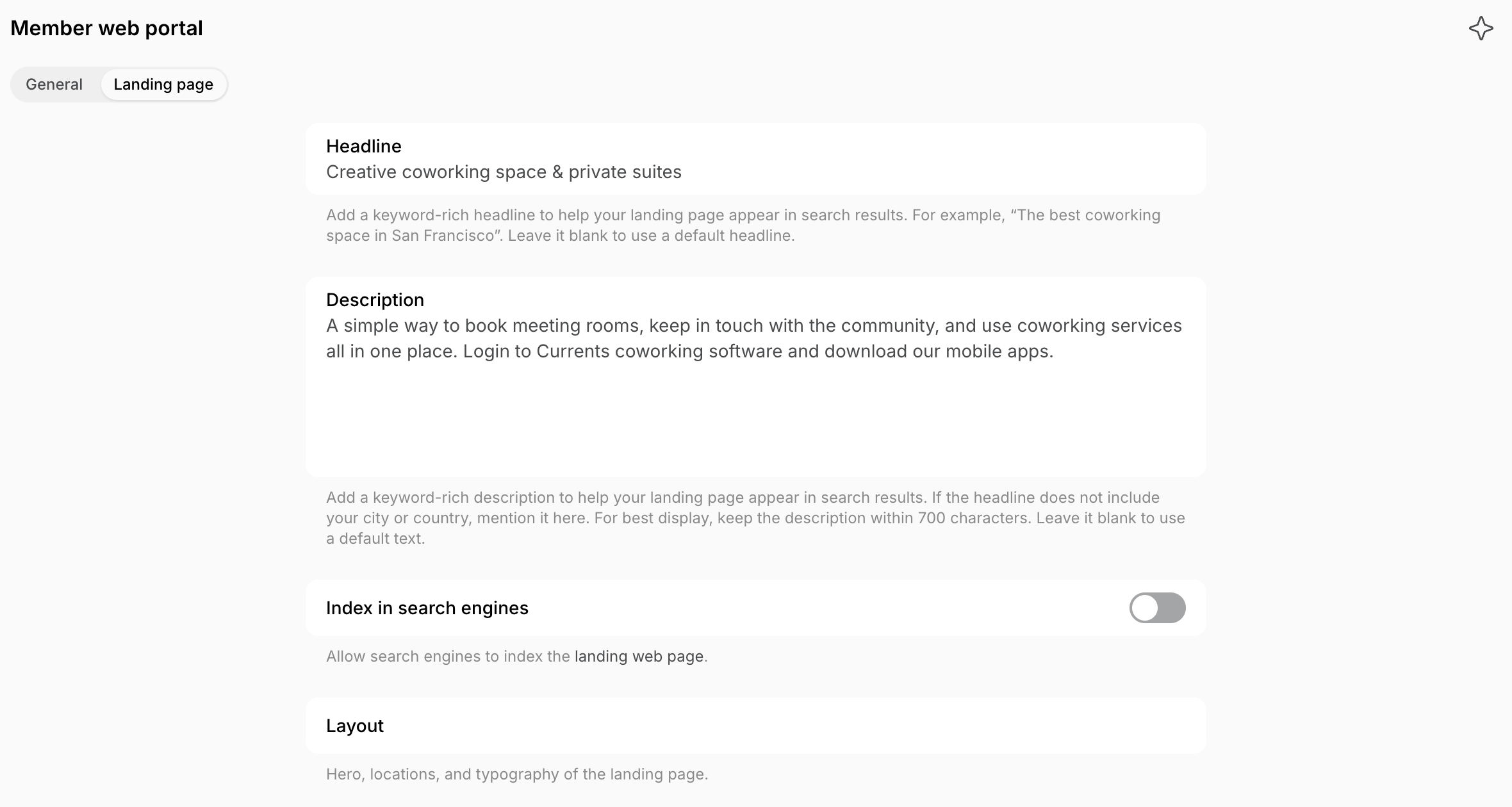 Landing page tab with the Headline, Description, Index in search engines, and Layout settings