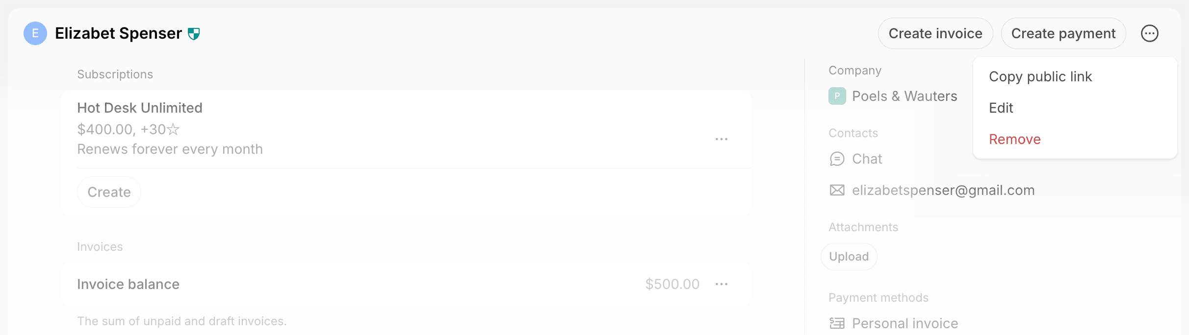 User profile header with the (...) menu open, showing Copy public link, Edit, and Remove, on Spacebring's coworking space management platform
