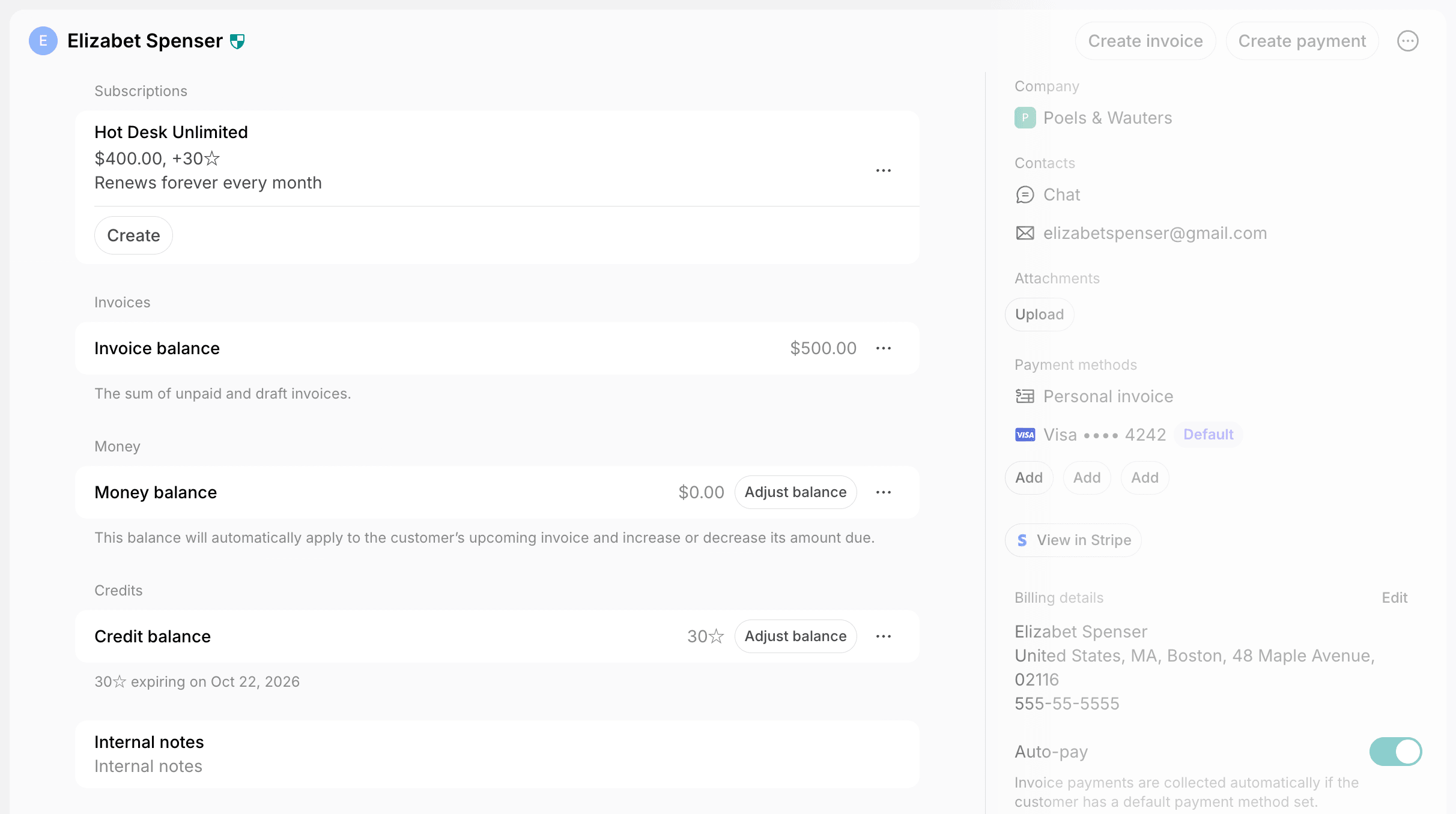 User profile with the main column highlighted, showing subscriptions, invoice balance, money balance, credits, and internal notes, on Spacebring's coworking space management platform