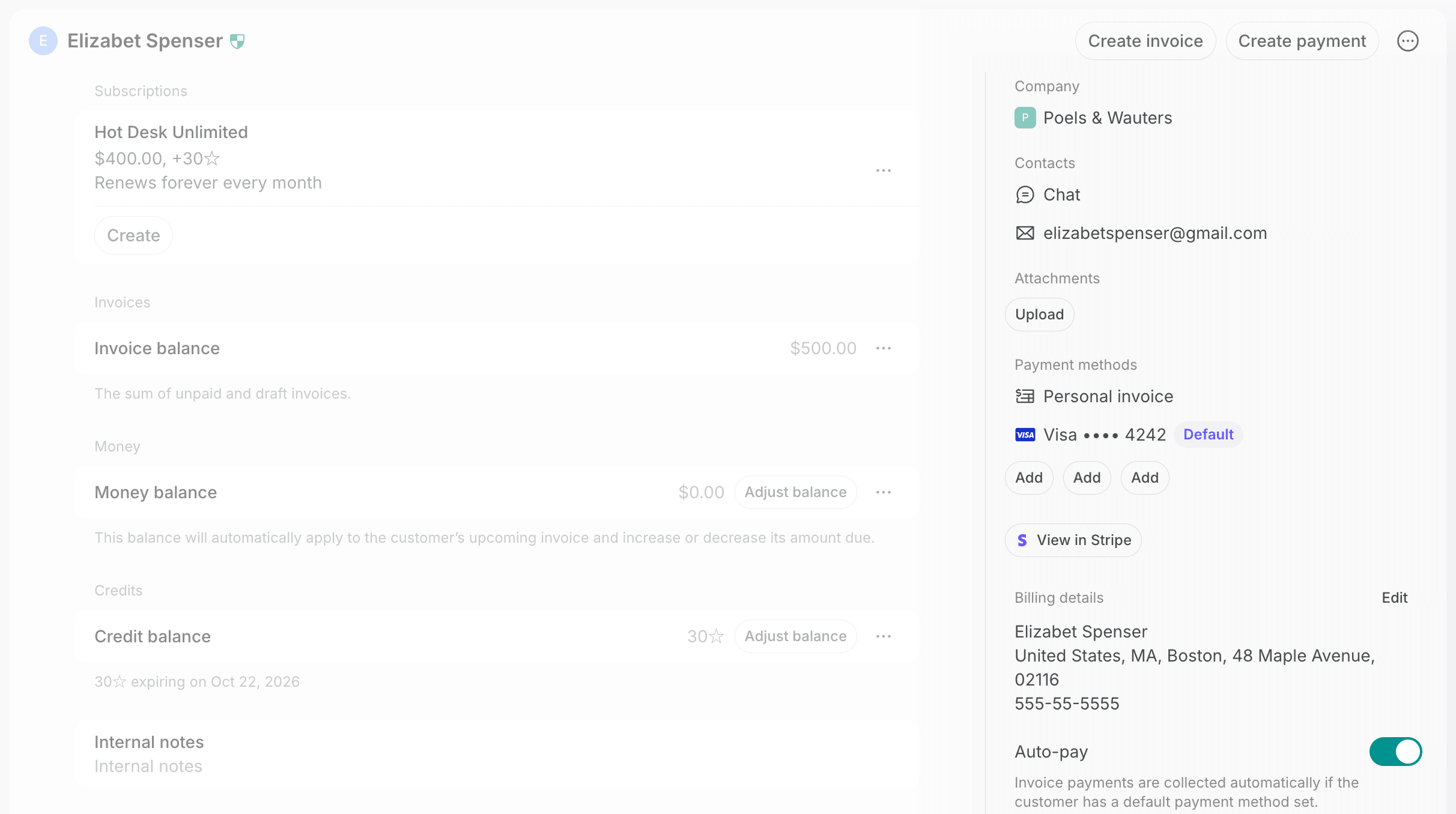 User profile with the right-hand panel highlighted, showing the company, contacts, attachments, payment methods, billing details, and Auto-pay, on Spacebring's coworking space management platform