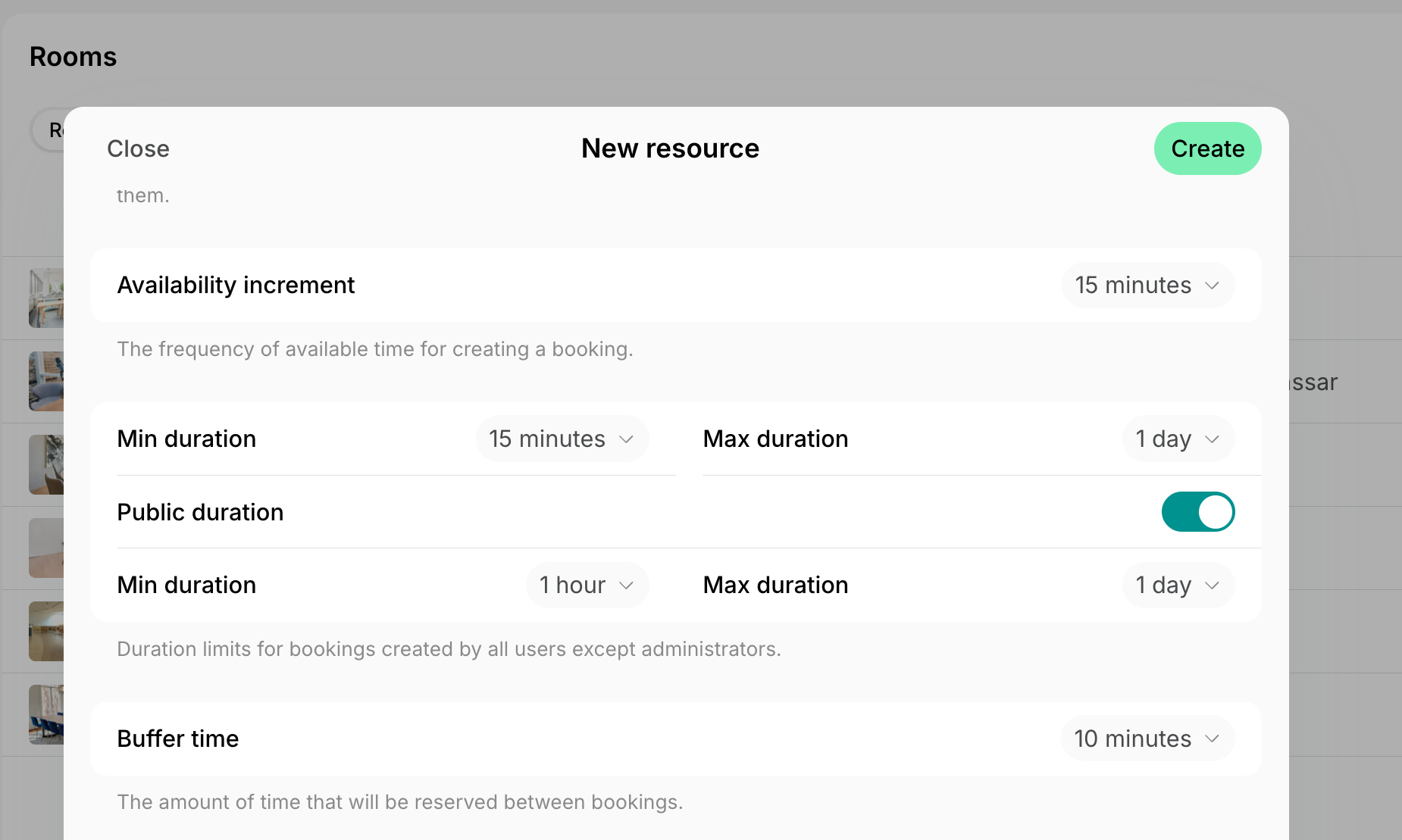 Min duration, Max duration, and Public duration settings of a room