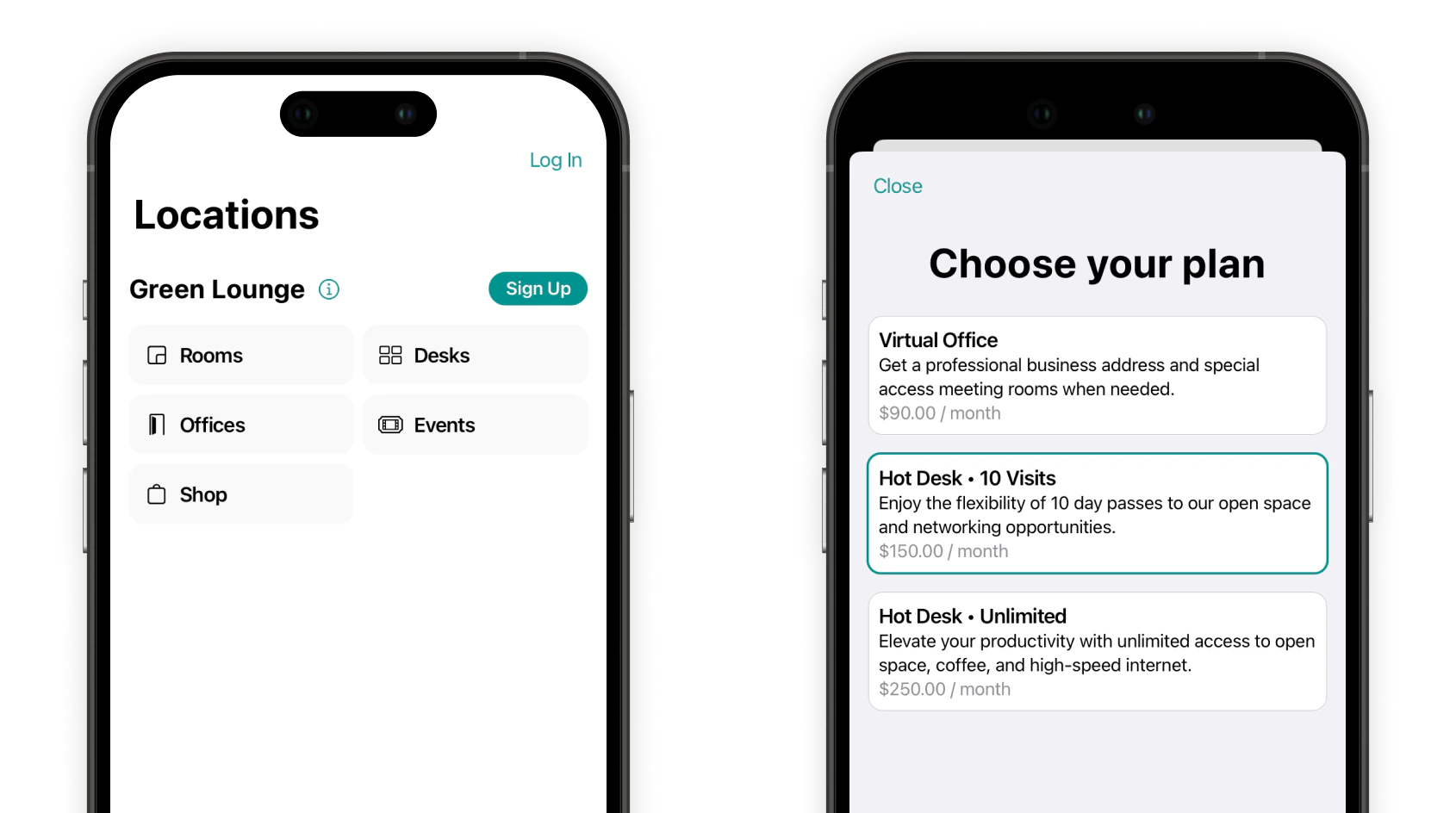 How users sign up for a plan on Spacebring's coworking space management platform