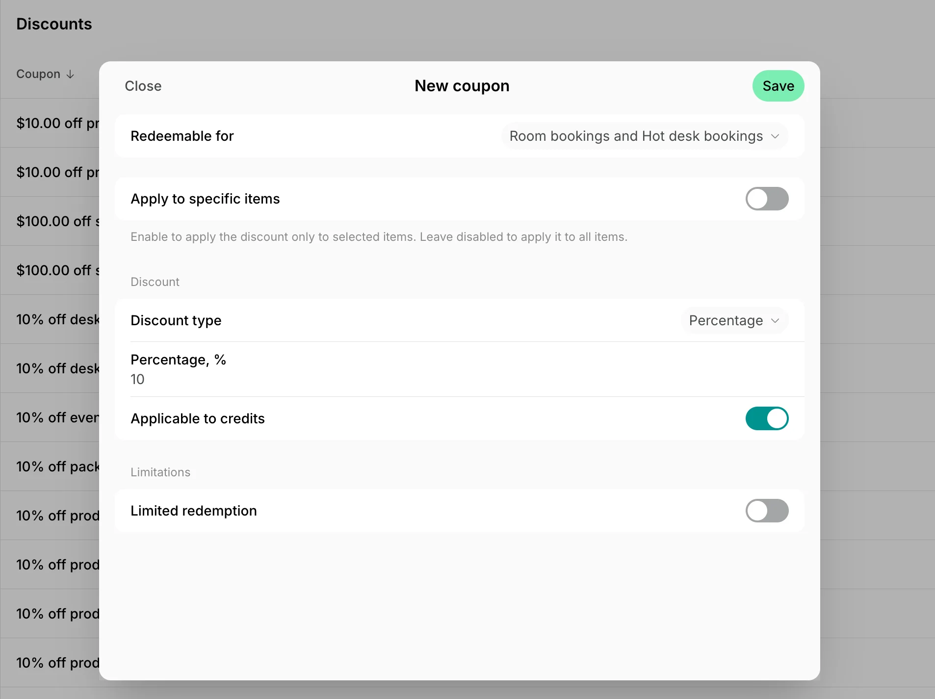 Create coupon dialog