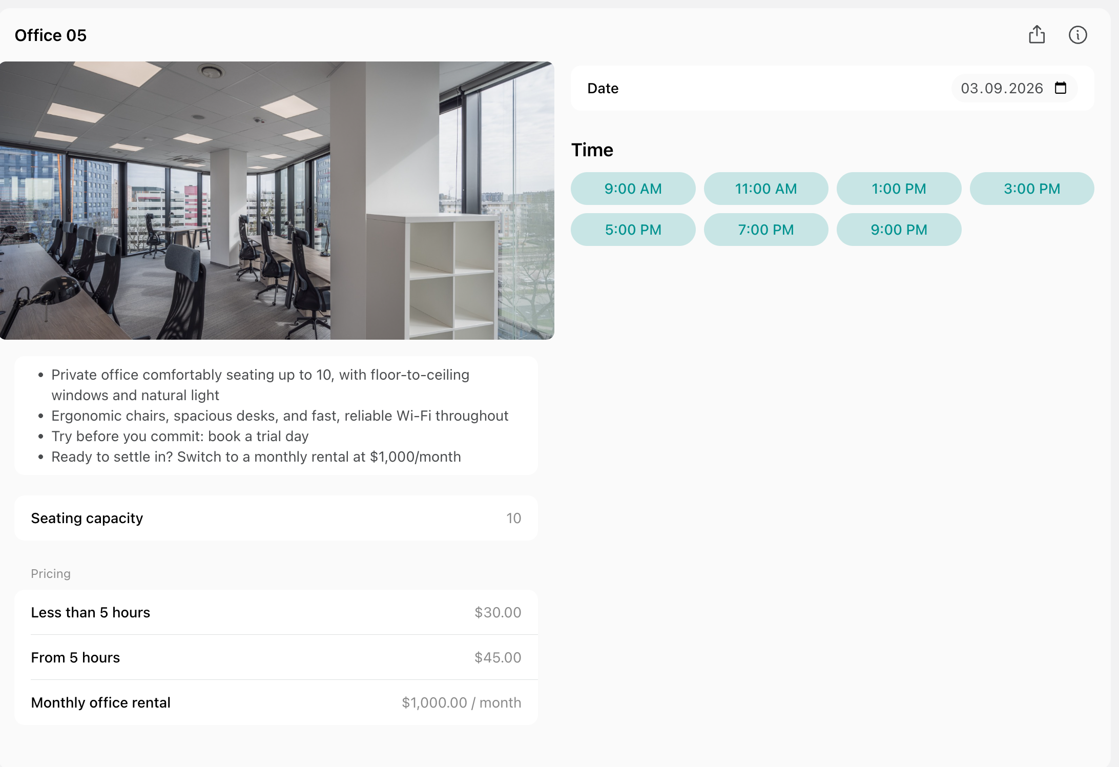 Private office with hourly, daily, and monthly prices