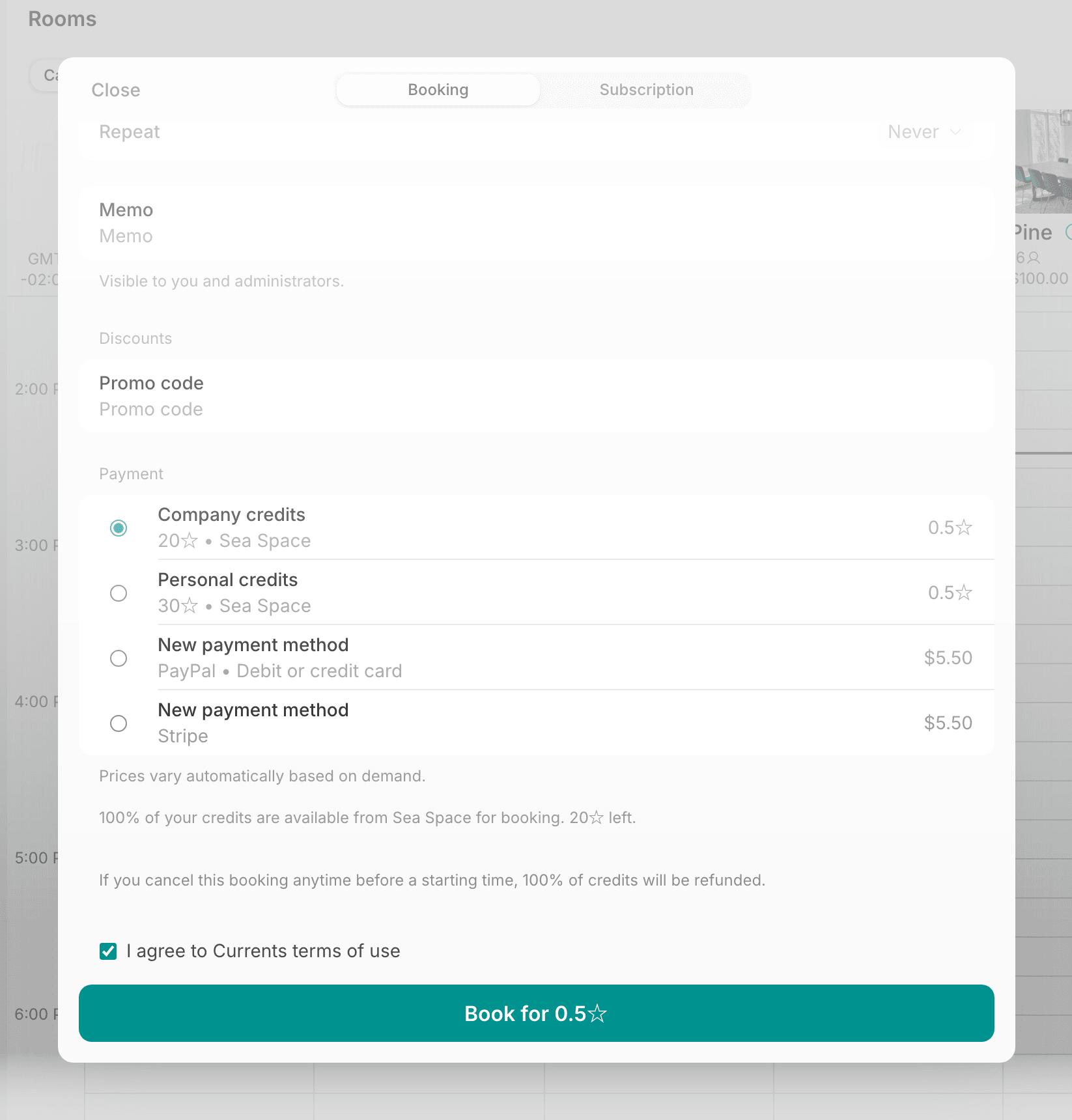Booking form in the member web portal with the I agree to Currents terms of use checkbox selected above the Book button on Spacebring's coworking space management platform