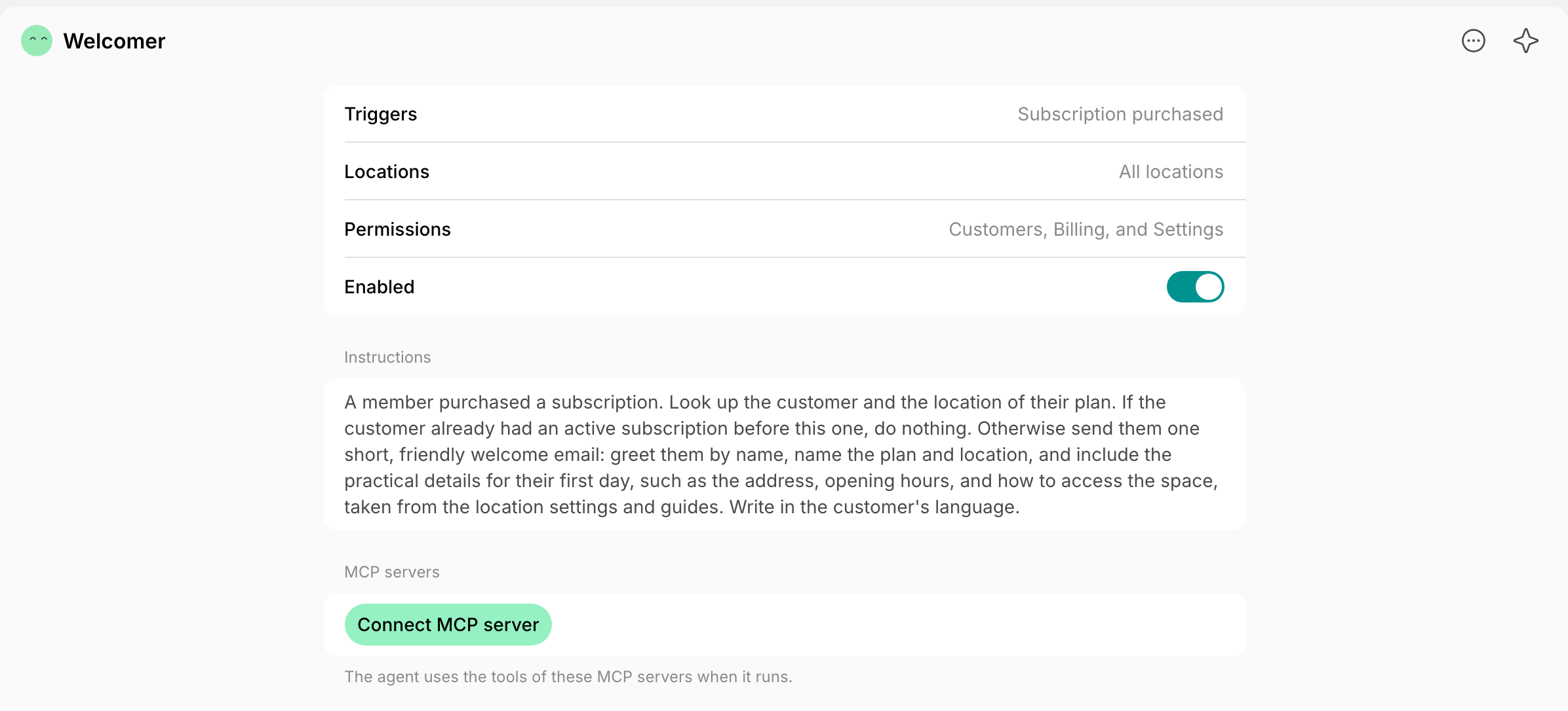 Agent page with the MCP servers section and the Connect MCP server button on Spacebring's coworking space management
platform