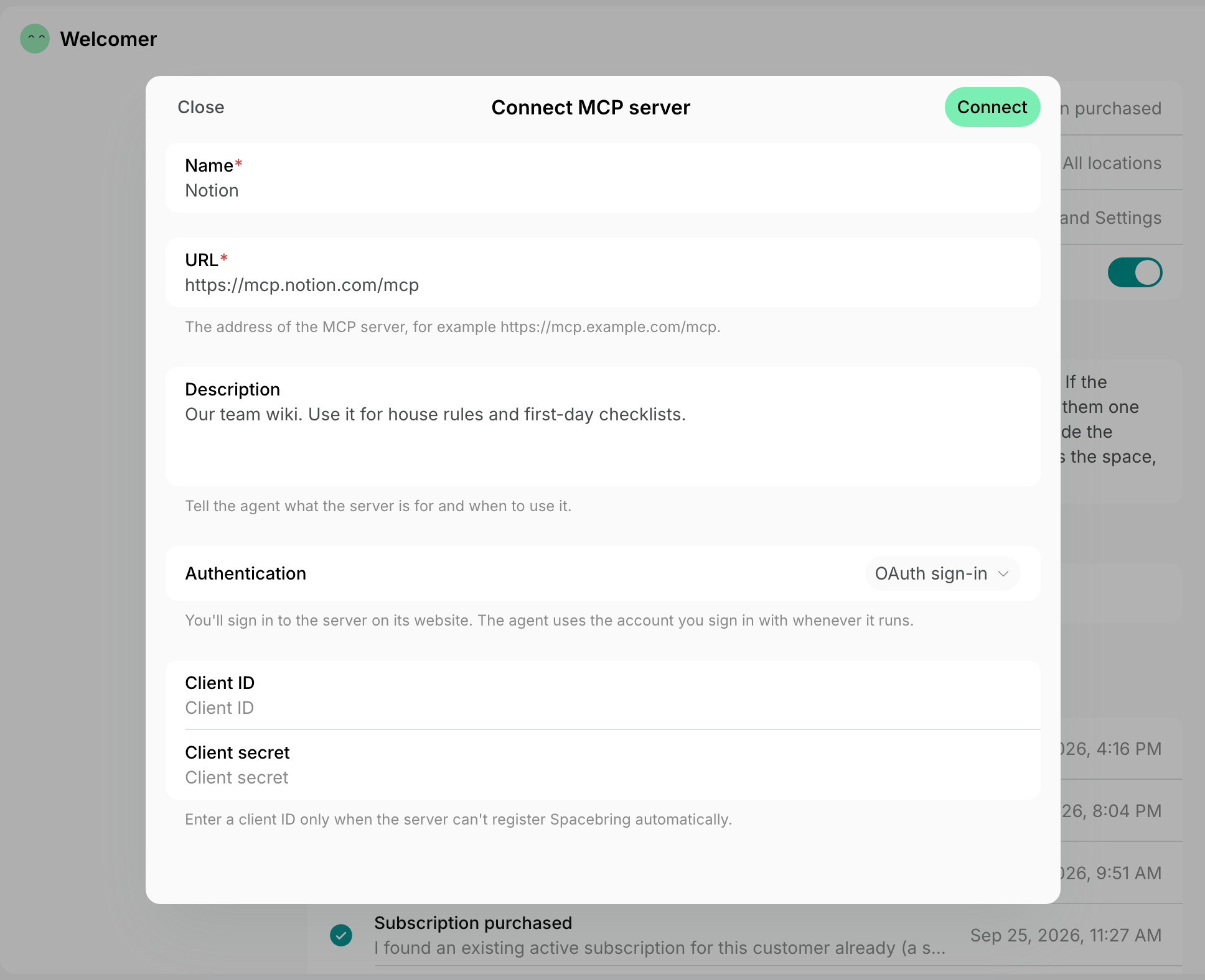 Connect MCP server form with a name, URL, and description filled in and OAuth sign-in selected on Spacebring's coworking space
management platform