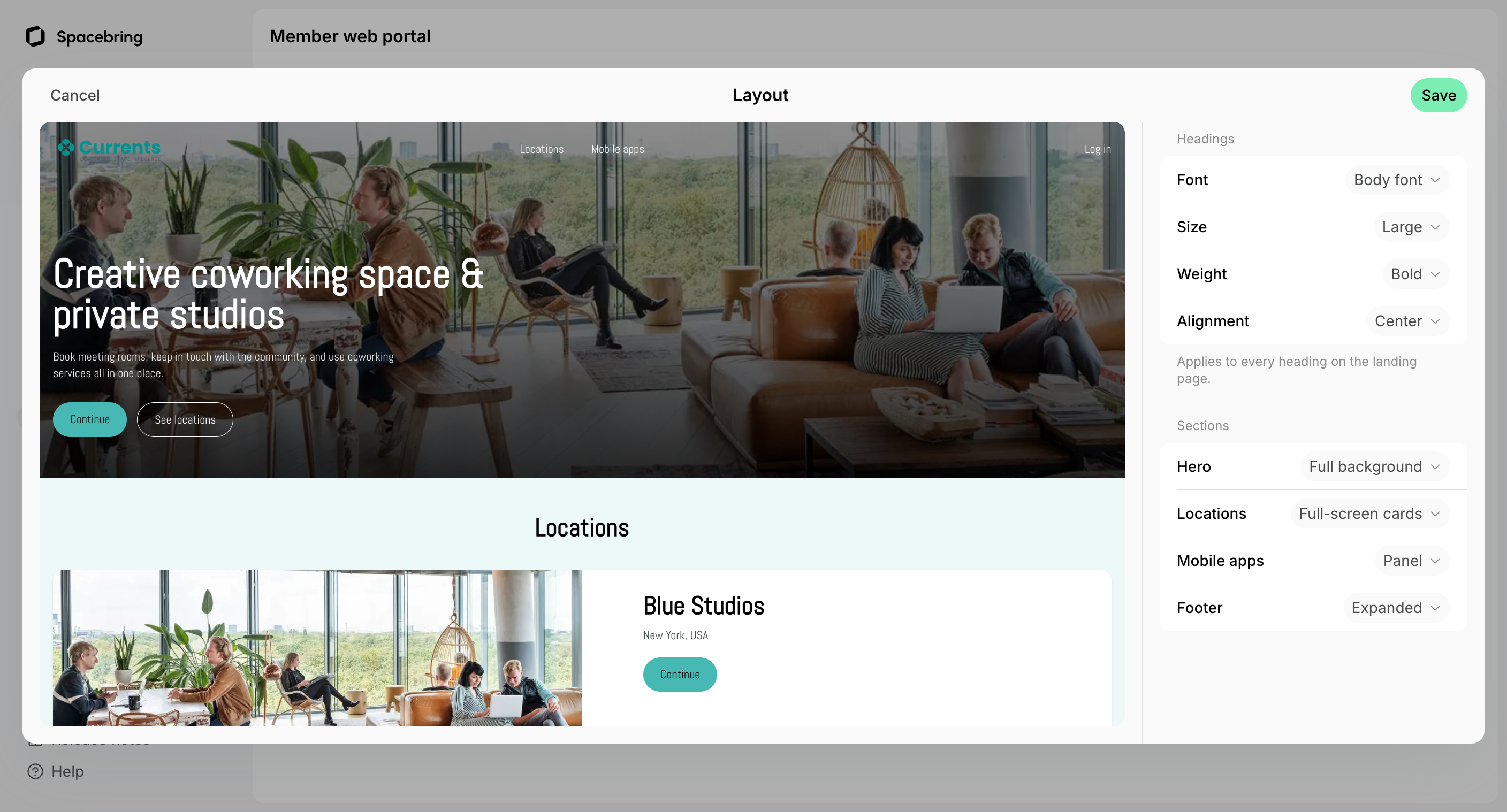Layout editor with the Headings and Sections settings