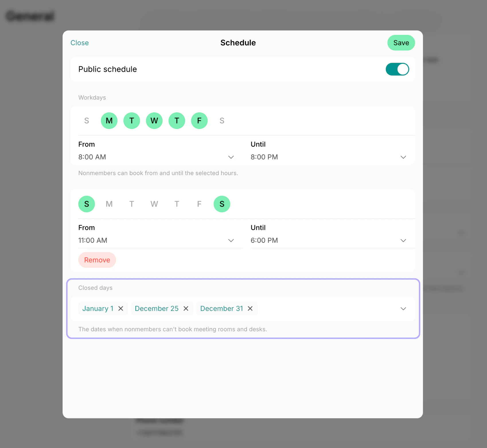 Select closed days on Spacebring coworking space management platform