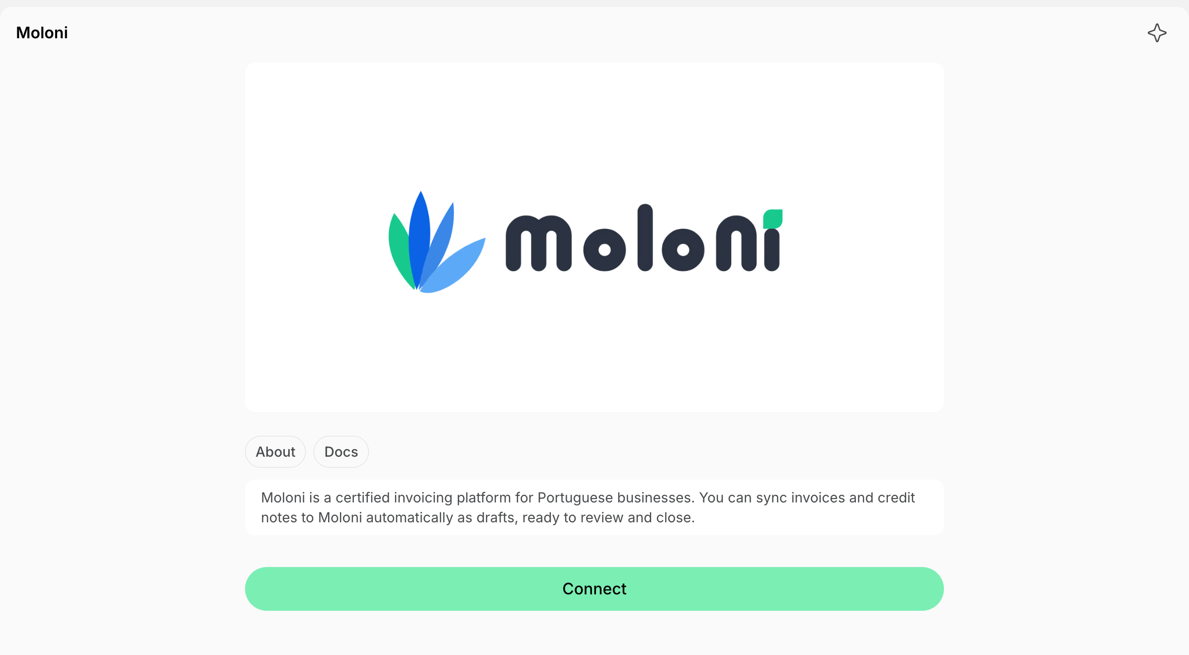 The Moloni integration page with the Connect button on Spacebring's coworking space management platform