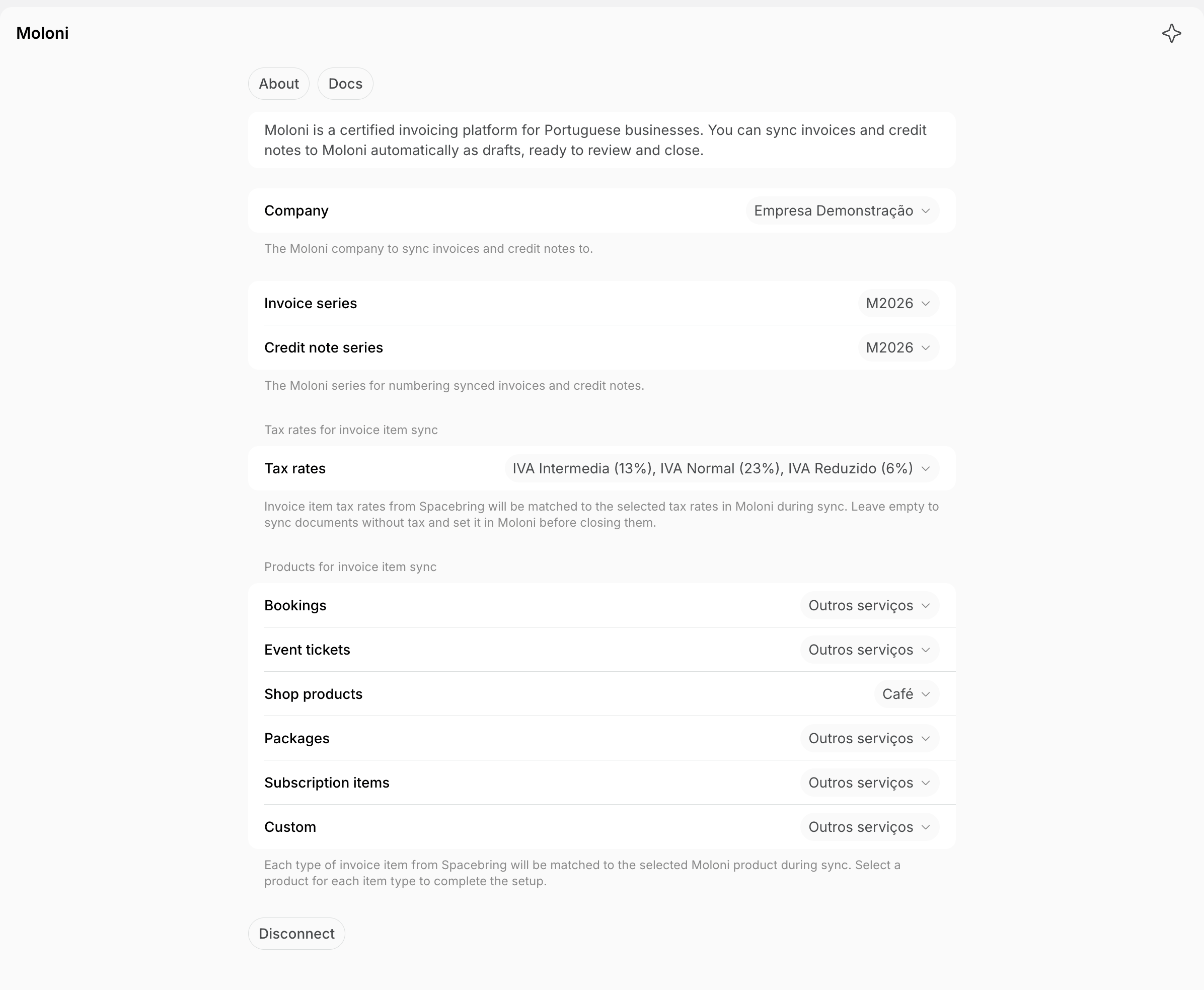 The connected Moloni integration page with a company, series, tax rates, and a Moloni product selected for every invoice item type on Spacebring's coworking space management platform