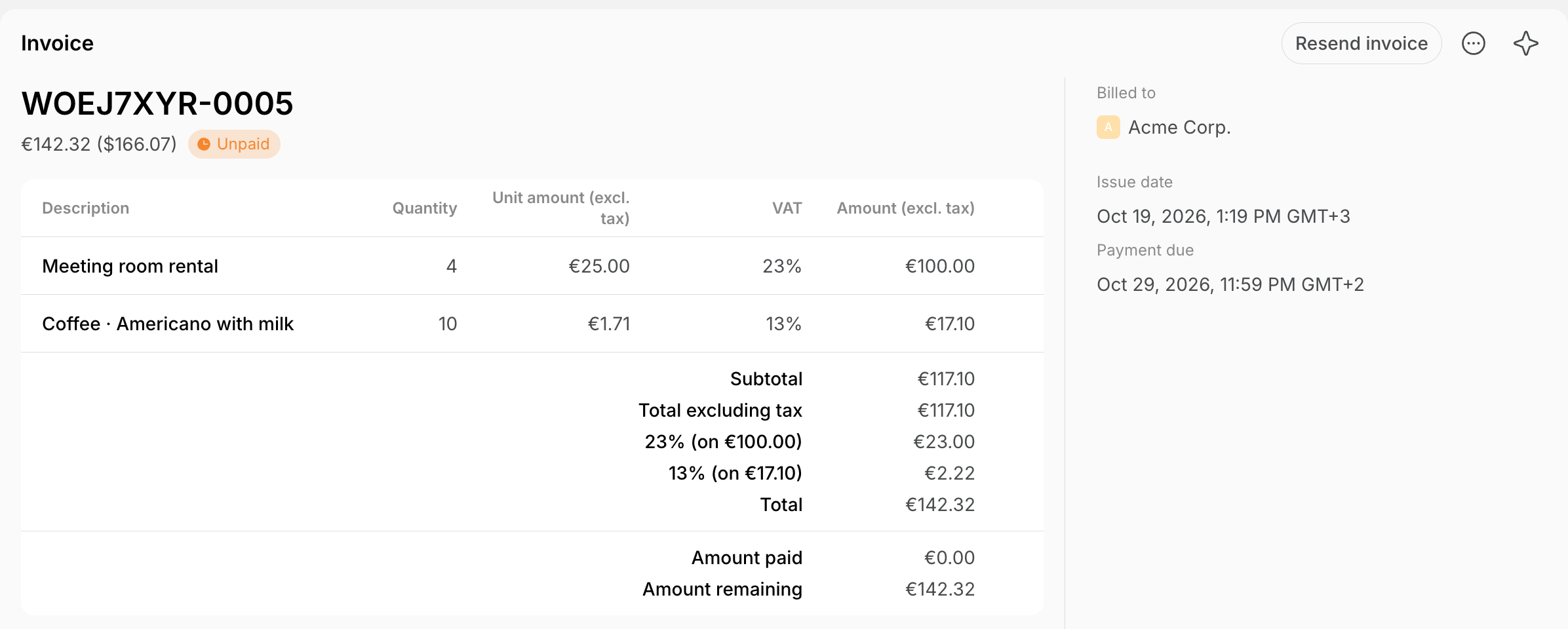An issued invoice in EUR with two items at different VAT rates on Spacebring's coworking space management platform